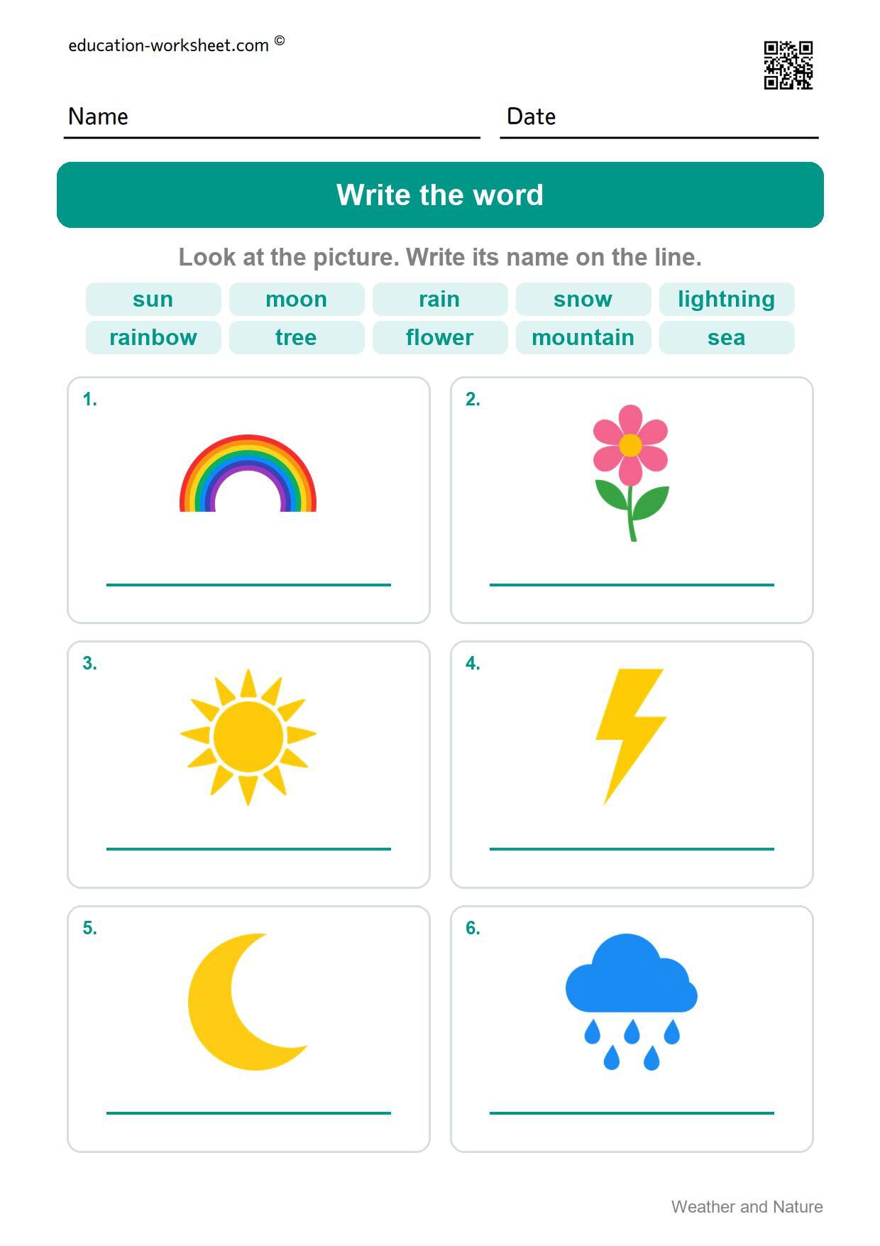 Write the word (Set 9) - Free Weather and Nature Words Worksheets for Kindergarten