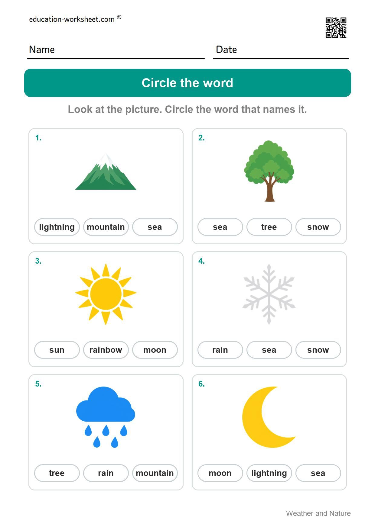 Circle the word (Set 10) - Free Weather and Nature Words Worksheets for Kindergarten