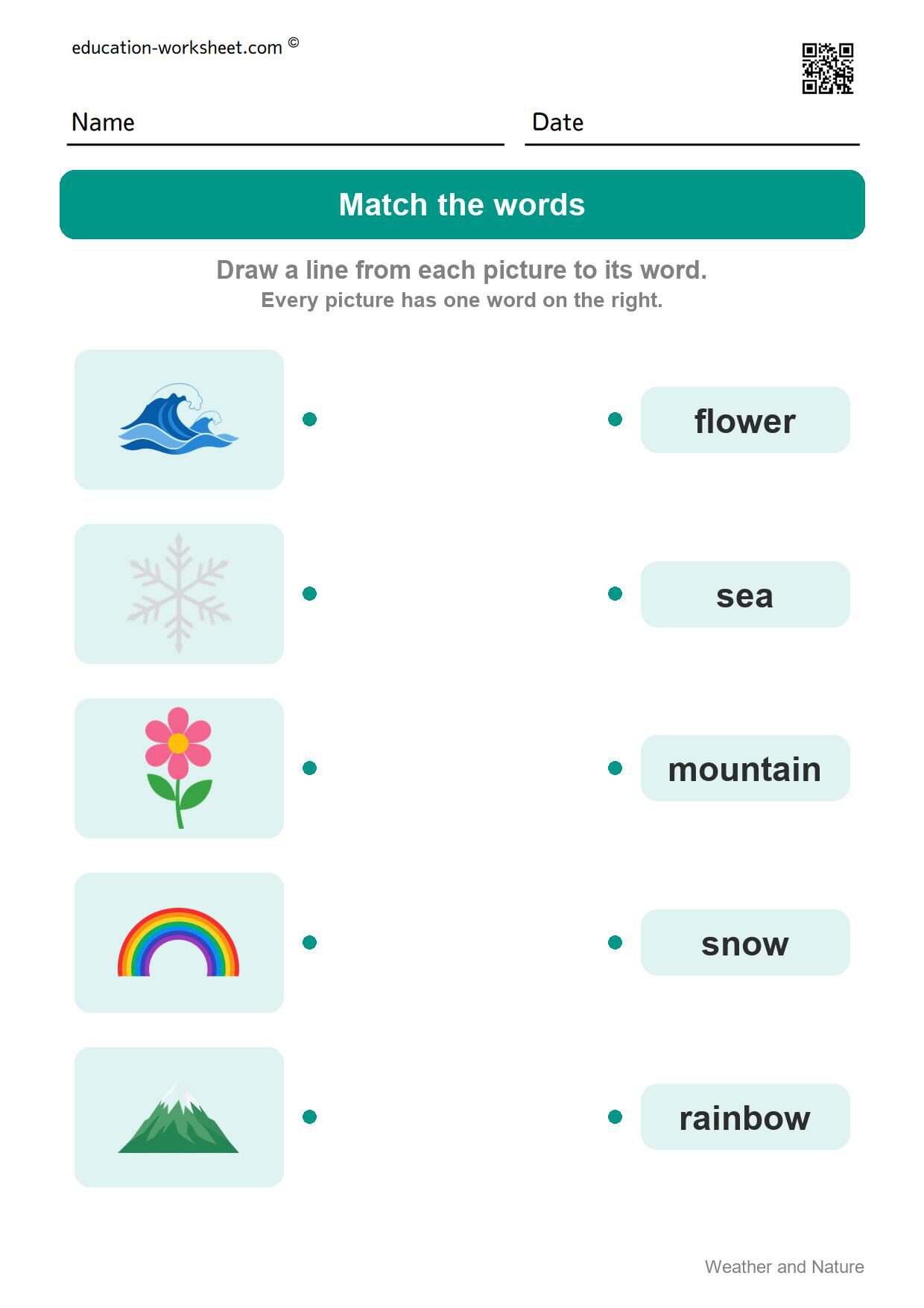 Match the words (Set 11) - Free Weather and Nature Words Worksheets for Kindergarten