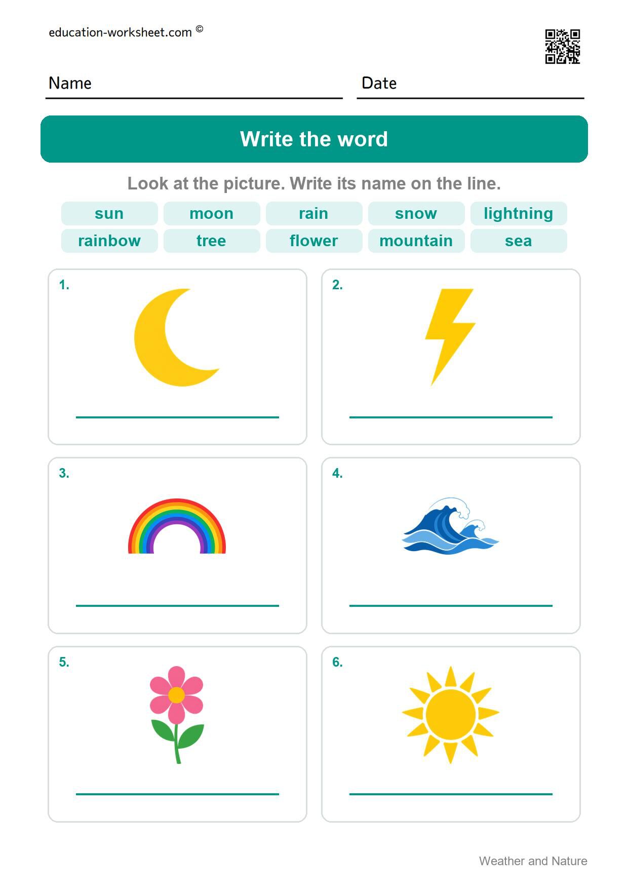 Write the word (Set 12) - Free Weather and Nature Words Worksheets for Kindergarten