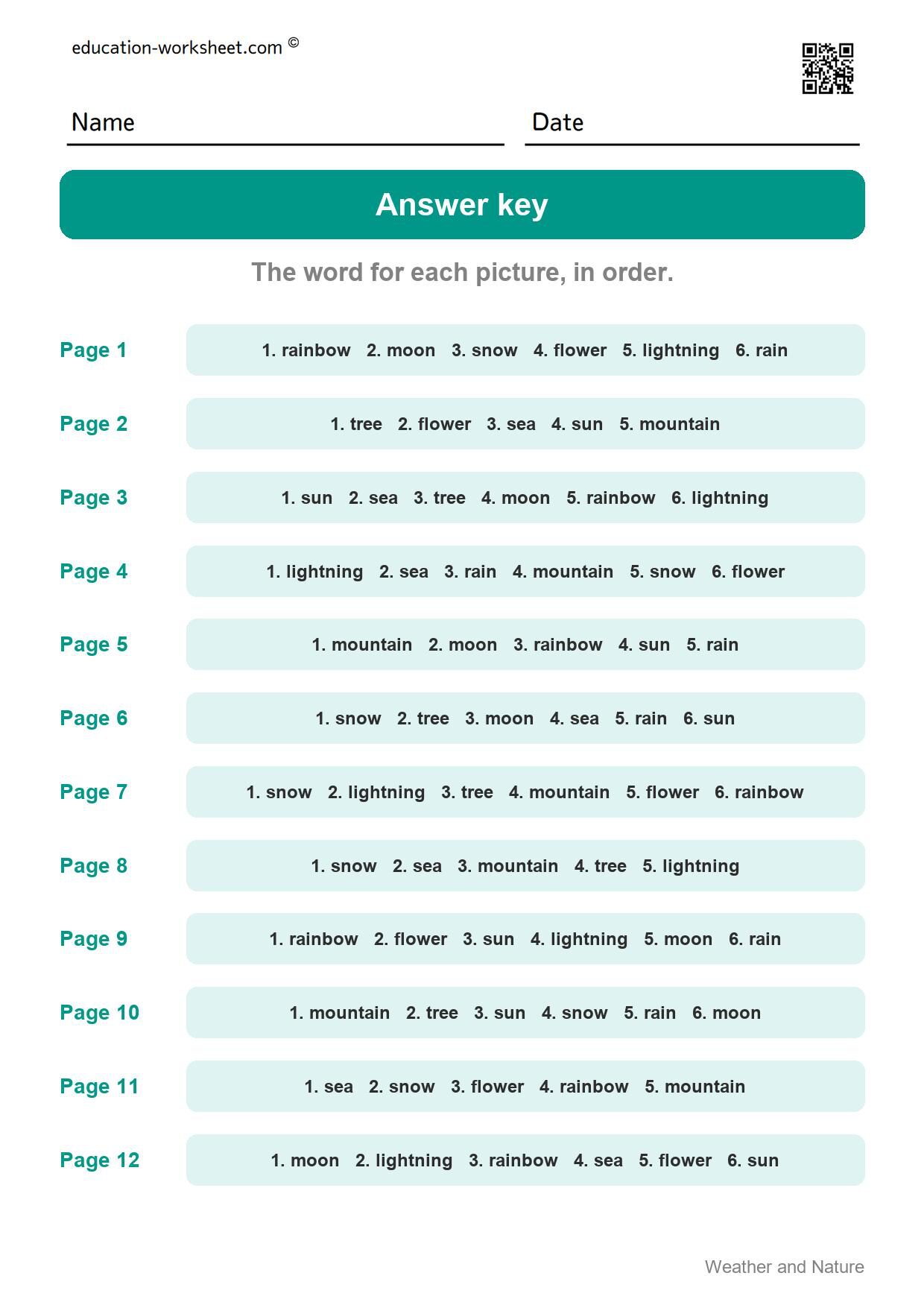 Answer key - all 12 pages - Free Weather and Nature Words Worksheets for Kindergarten