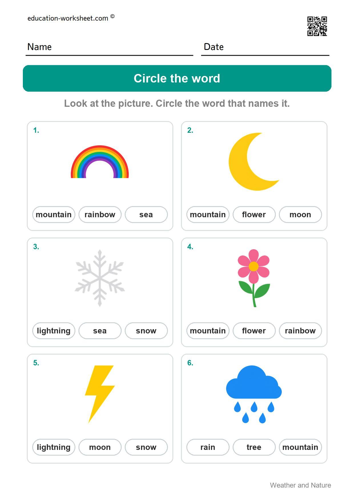 Circle the word (Set 1) - Free Weather and Nature Words Worksheets for Kindergarten
