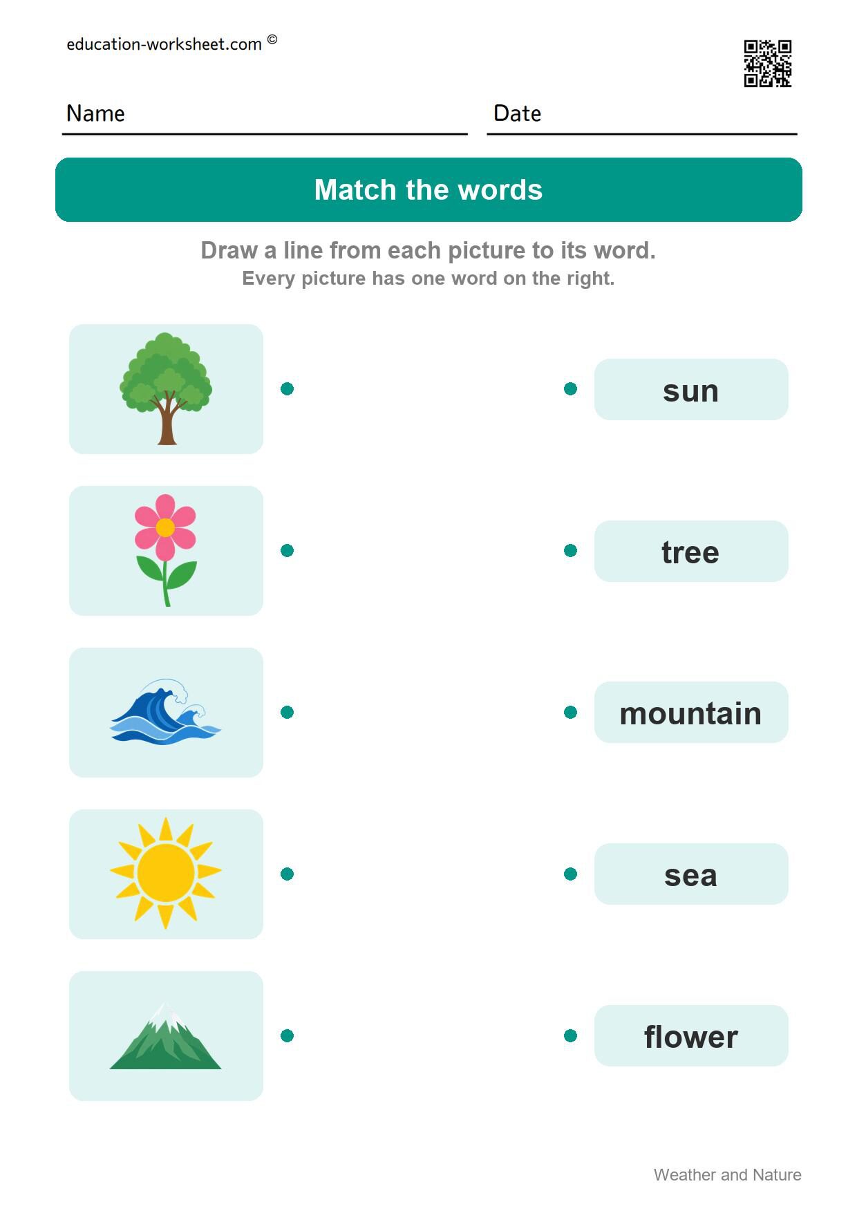 Match the words (Set 2) - Free Weather and Nature Words Worksheets for Kindergarten