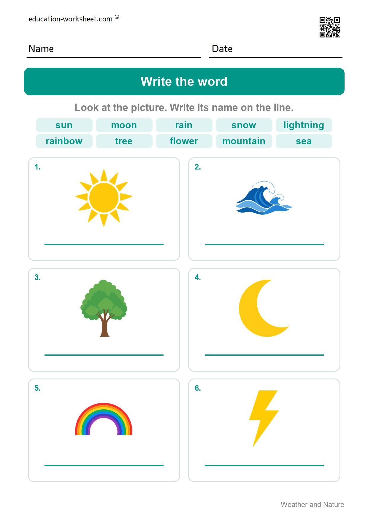 Write the word (Set 3) - Free Weather and Nature Words Worksheets for Kindergarten