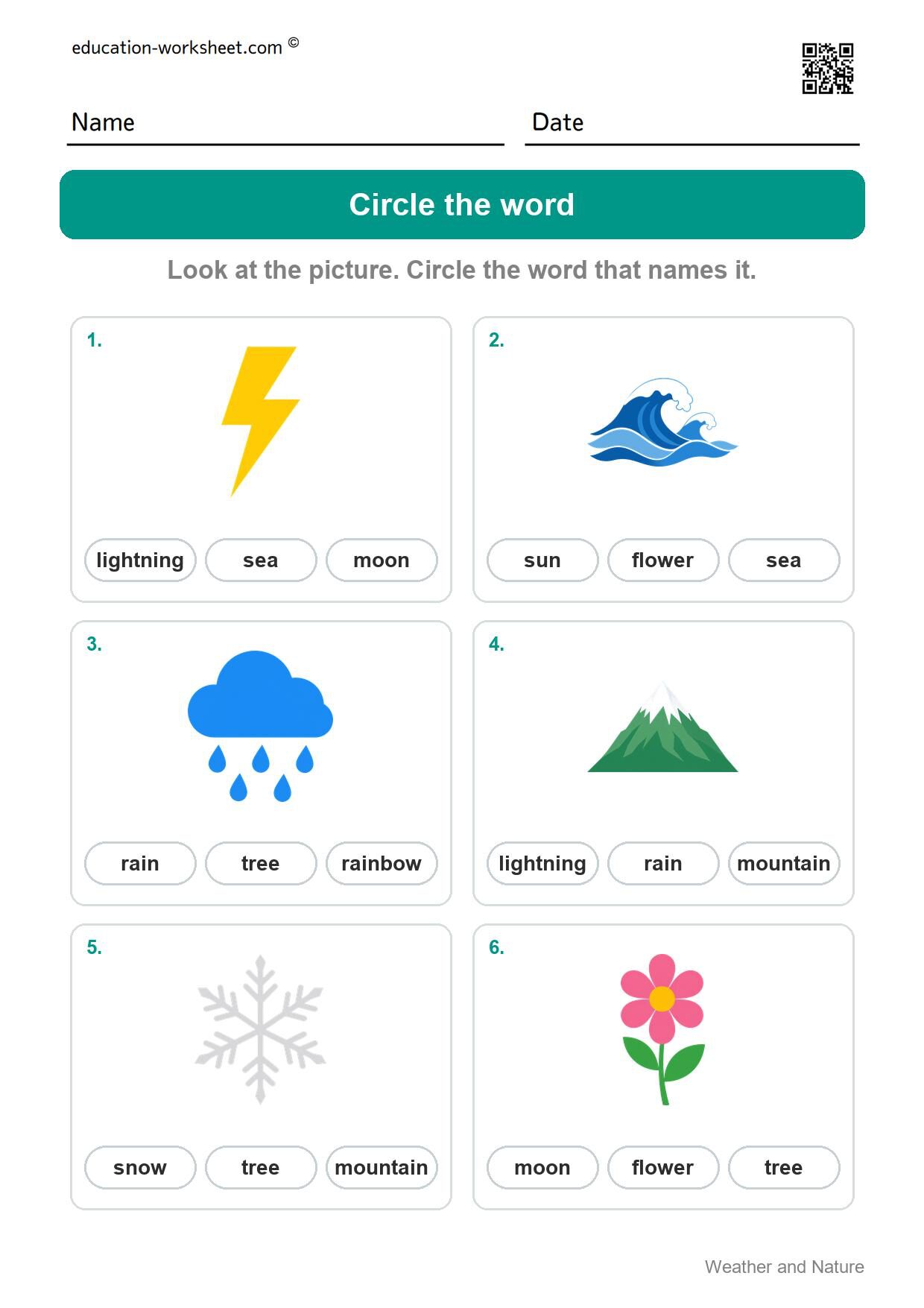 Circle the word (Set 4) - Free Weather and Nature Words Worksheets for Kindergarten
