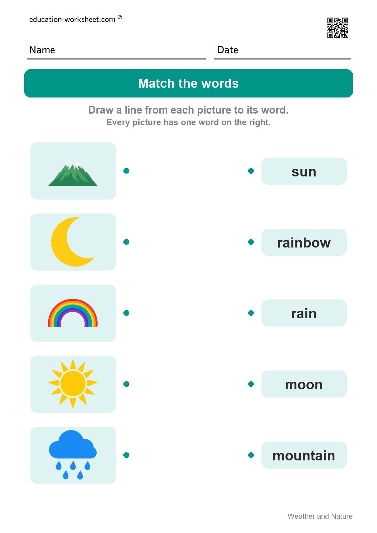 Match the words (Set 5) - Free Weather and Nature Words Worksheets for Kindergarten