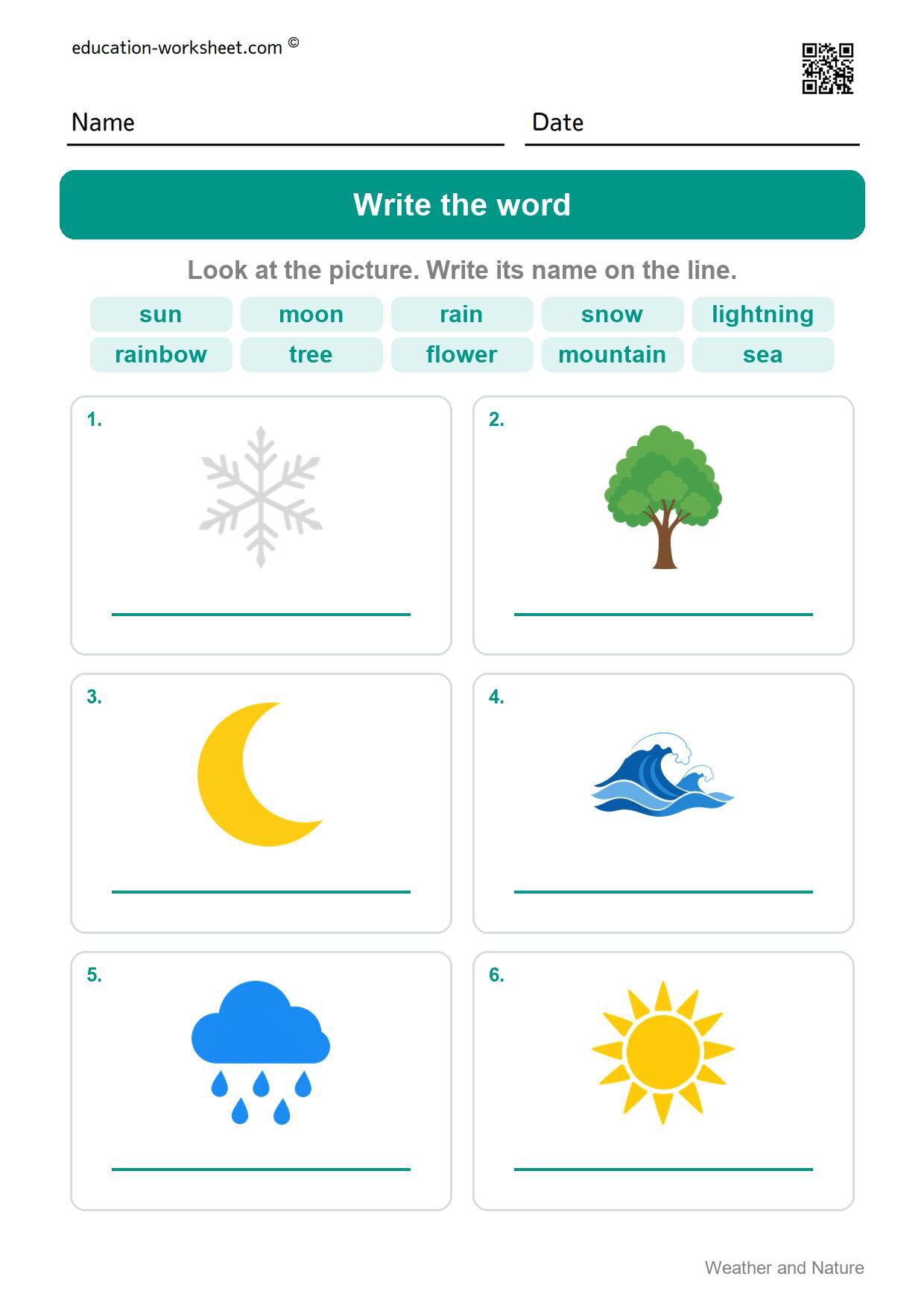 Write the word (Set 6) - Free Weather and Nature Words Worksheets for Kindergarten