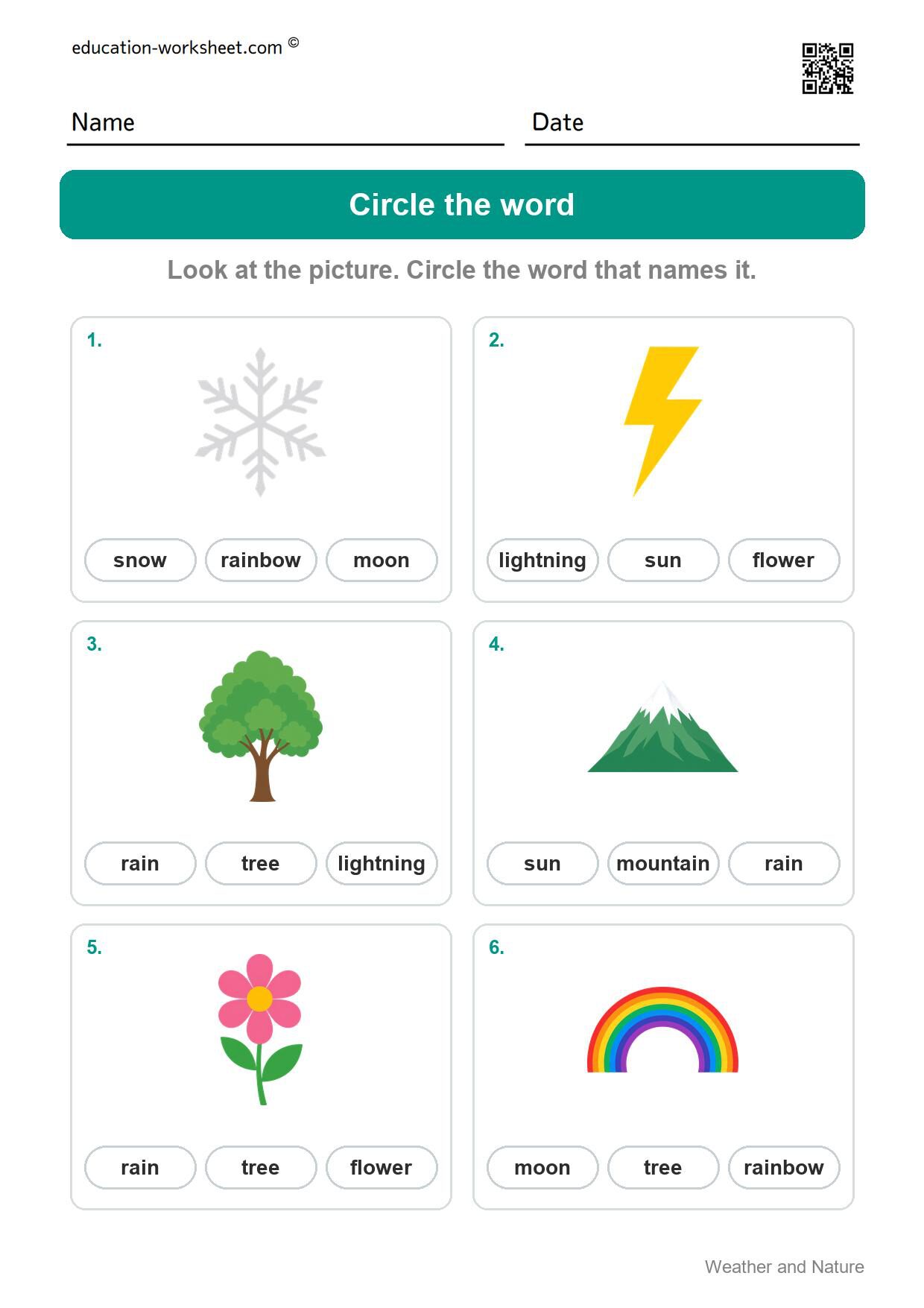 Circle the word (Set 7) - Free Weather and Nature Words Worksheets for Kindergarten