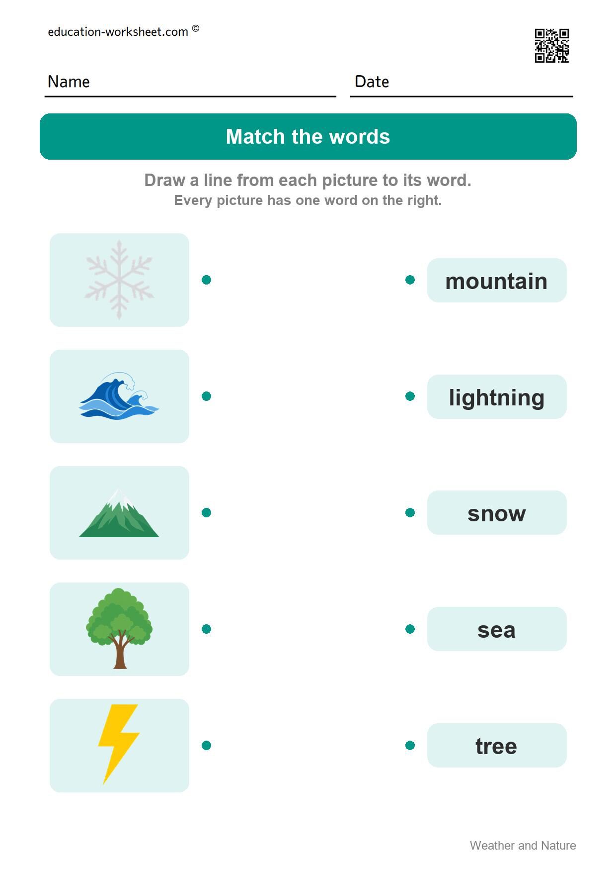 Match the words (Set 8) - Free Weather and Nature Words Worksheets for Kindergarten