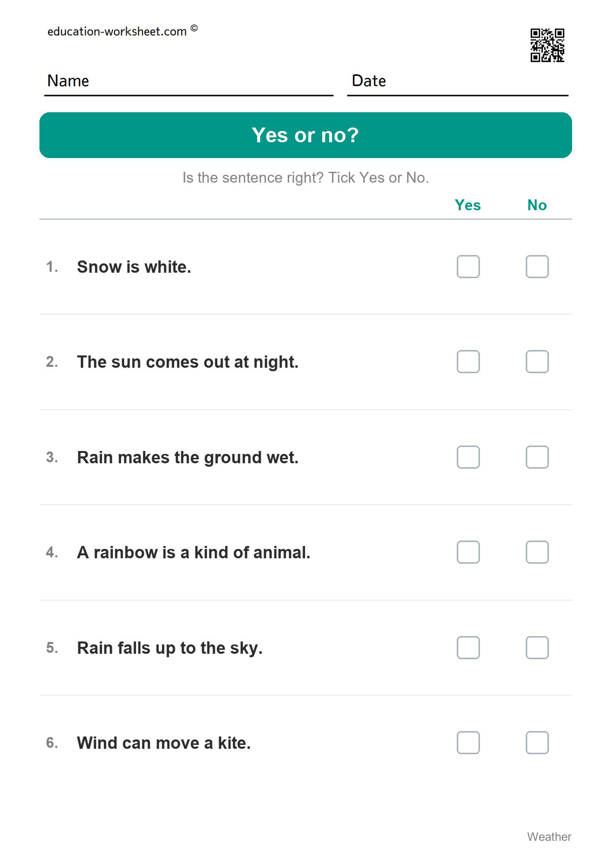 Yes or no? (Set 11) - Free Weather Worksheets for Kindergarten - Science