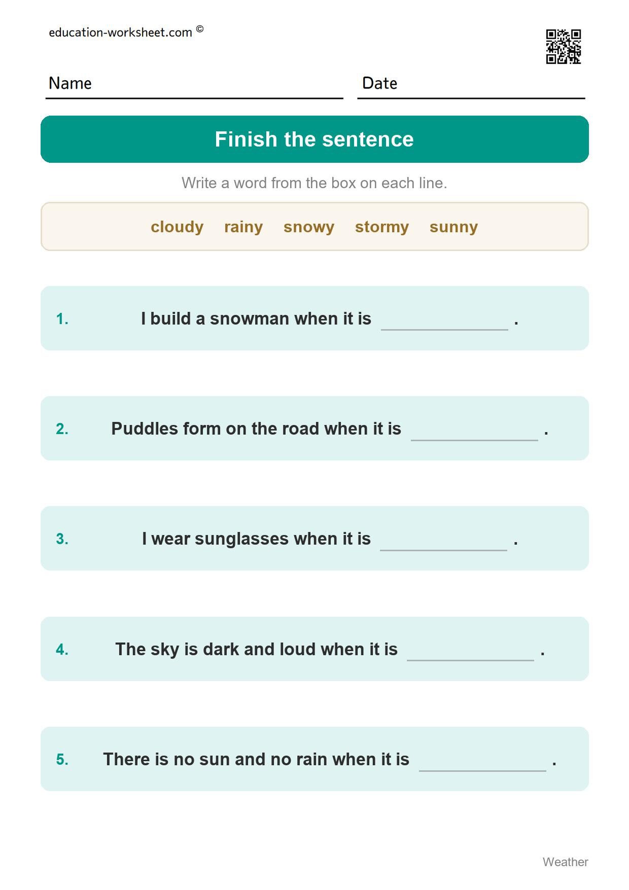 Finish the weather sentence (Set 12) - Free Weather Worksheets for Kindergarten - Science