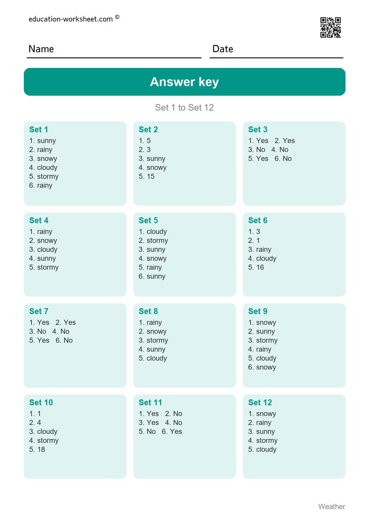 Answer key - Free Weather Worksheets for Kindergarten - Science