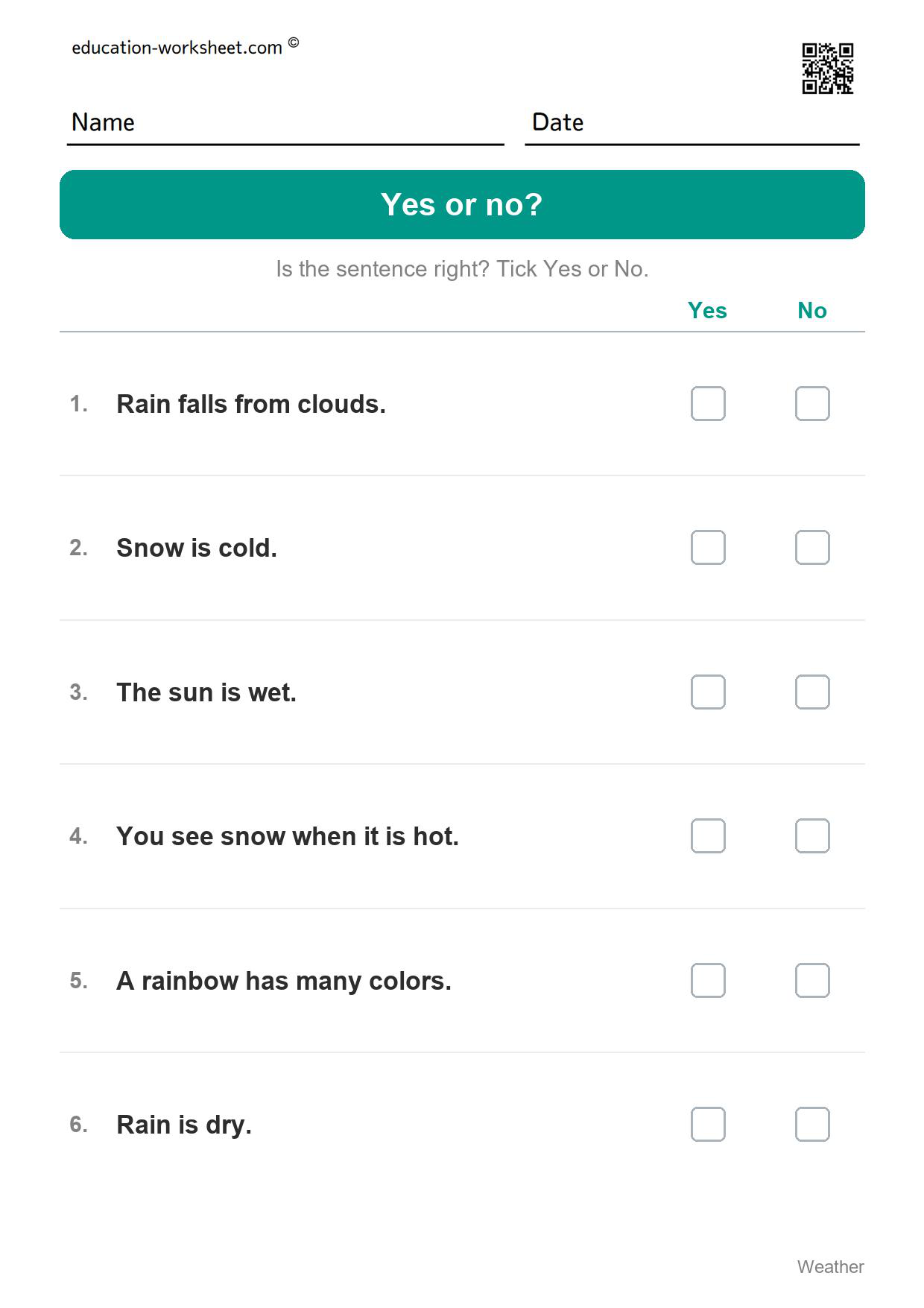 Yes or no? (Set 3) - Free Weather Worksheets for Kindergarten - Science