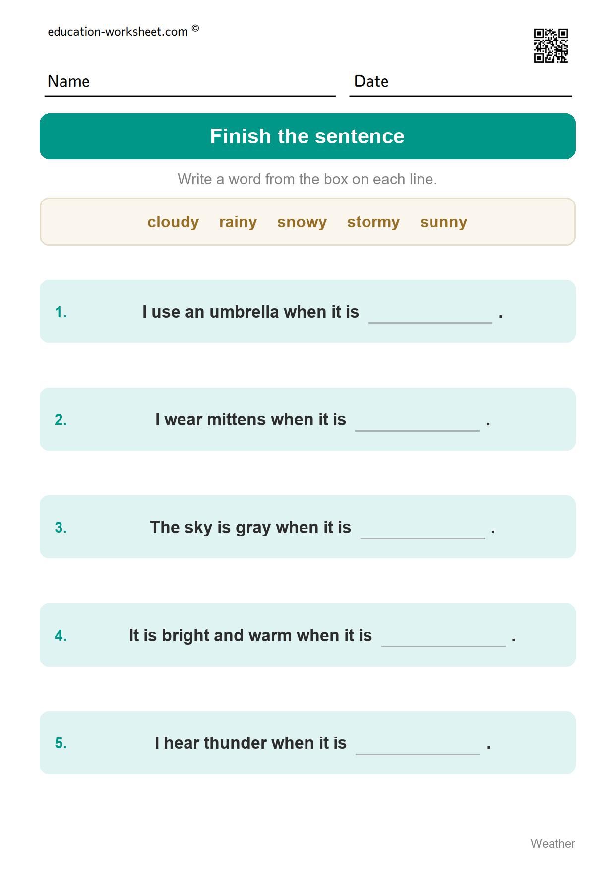 Finish the weather sentence (Set 4) - Free Weather Worksheets for Kindergarten - Science