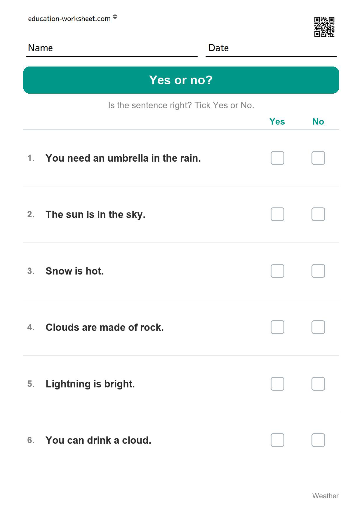 Yes or no? (Set 7) - Free Weather Worksheets for Kindergarten - Science