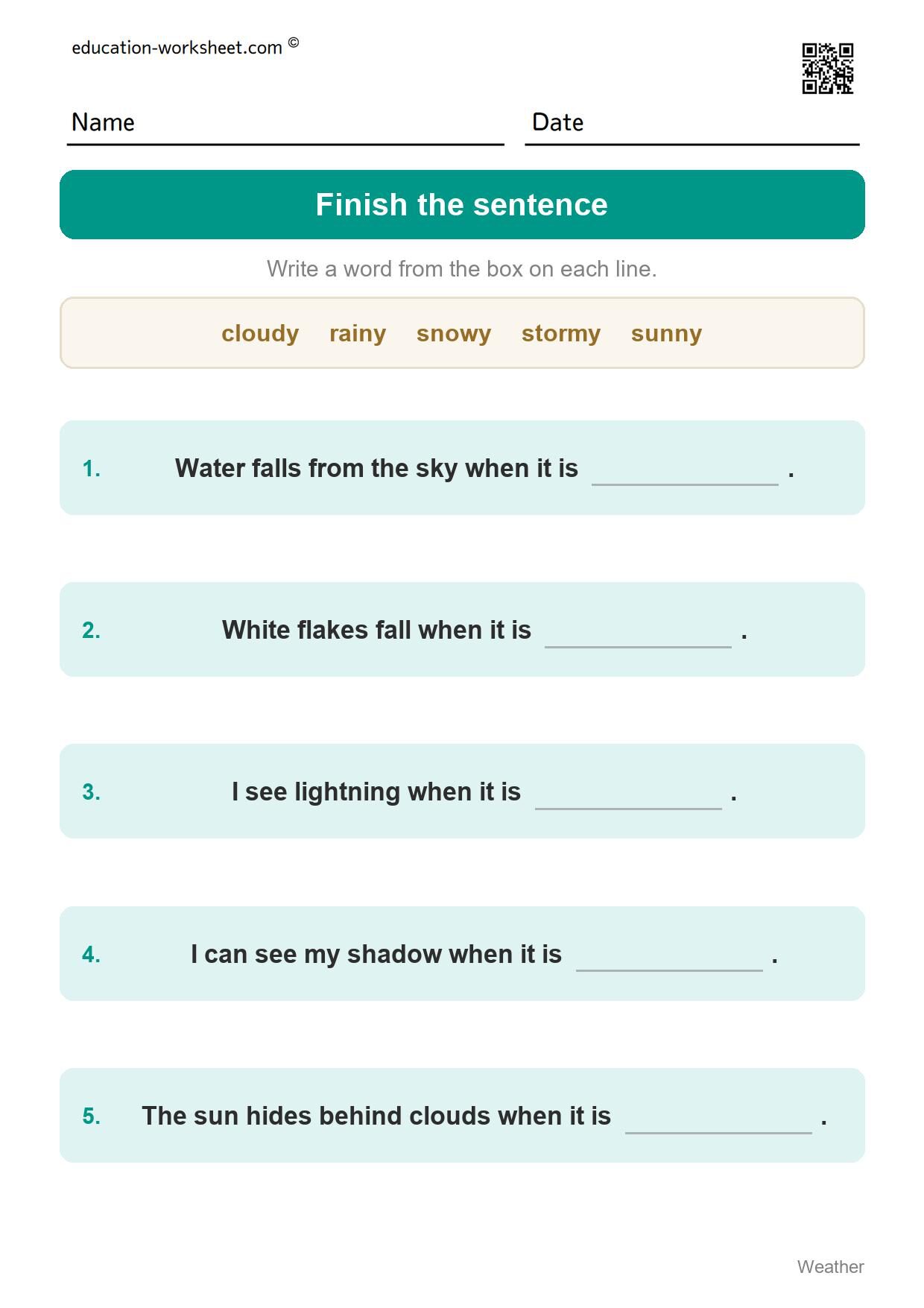 Finish the weather sentence (Set 8) - Free Weather Worksheets for Kindergarten - Science