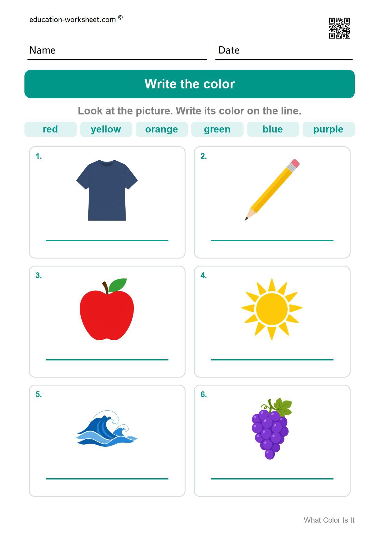 Write the color (Set 9) - Free What Color Is It Worksheets for Kindergarten - Color Words