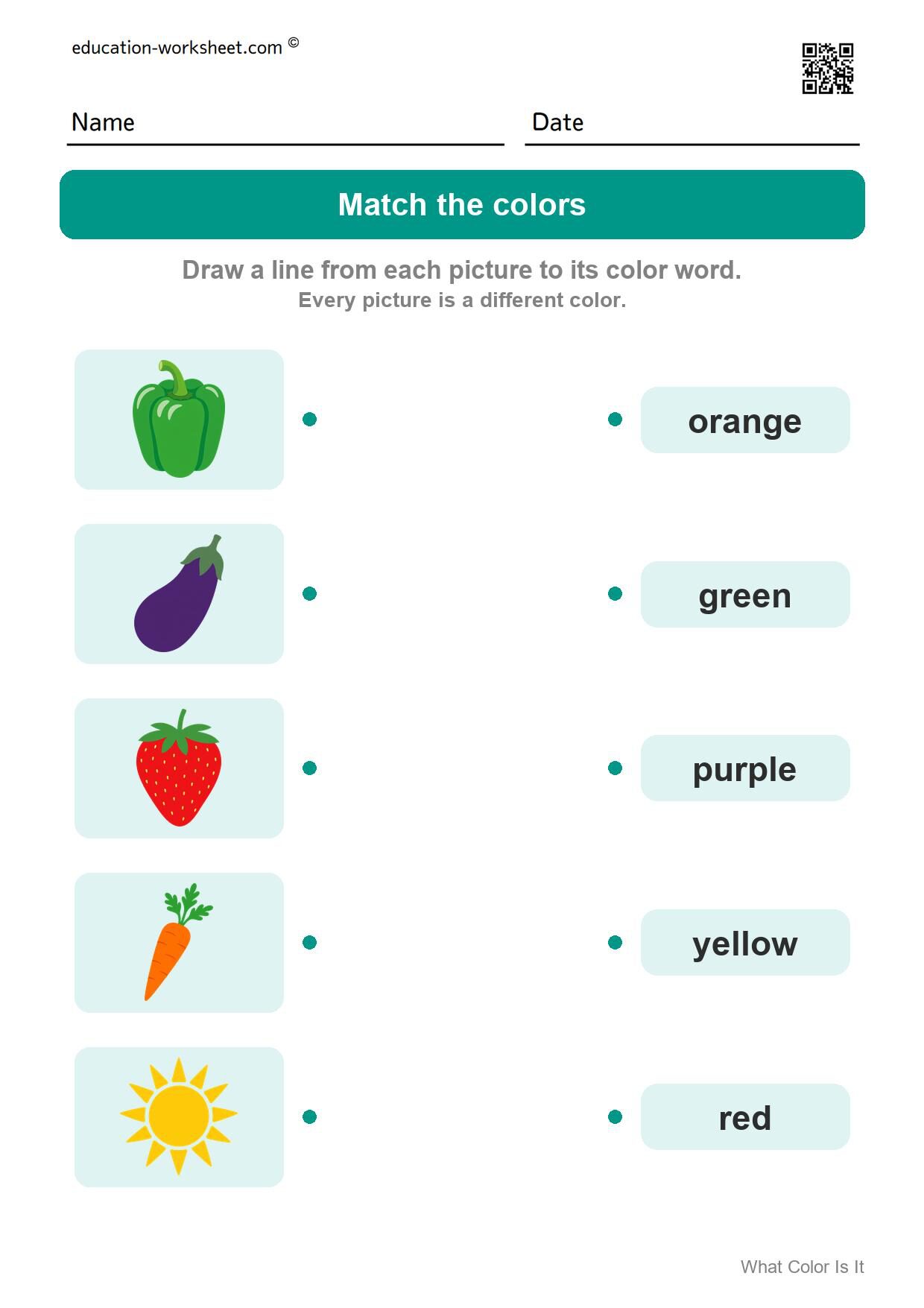 Match the colors (Set 11) - Free What Color Is It Worksheets for Kindergarten - Color Words