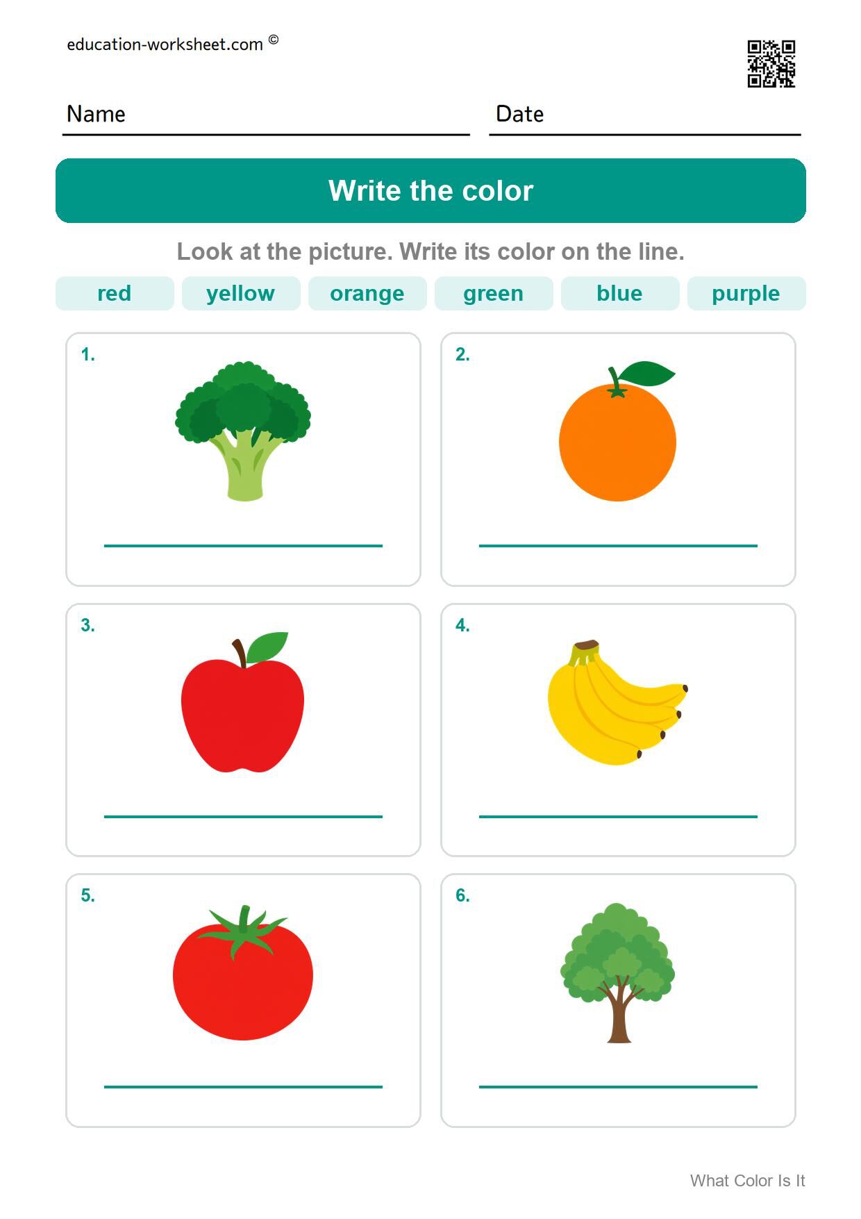 Write the color (Set 12) - Free What Color Is It Worksheets for Kindergarten - Color Words