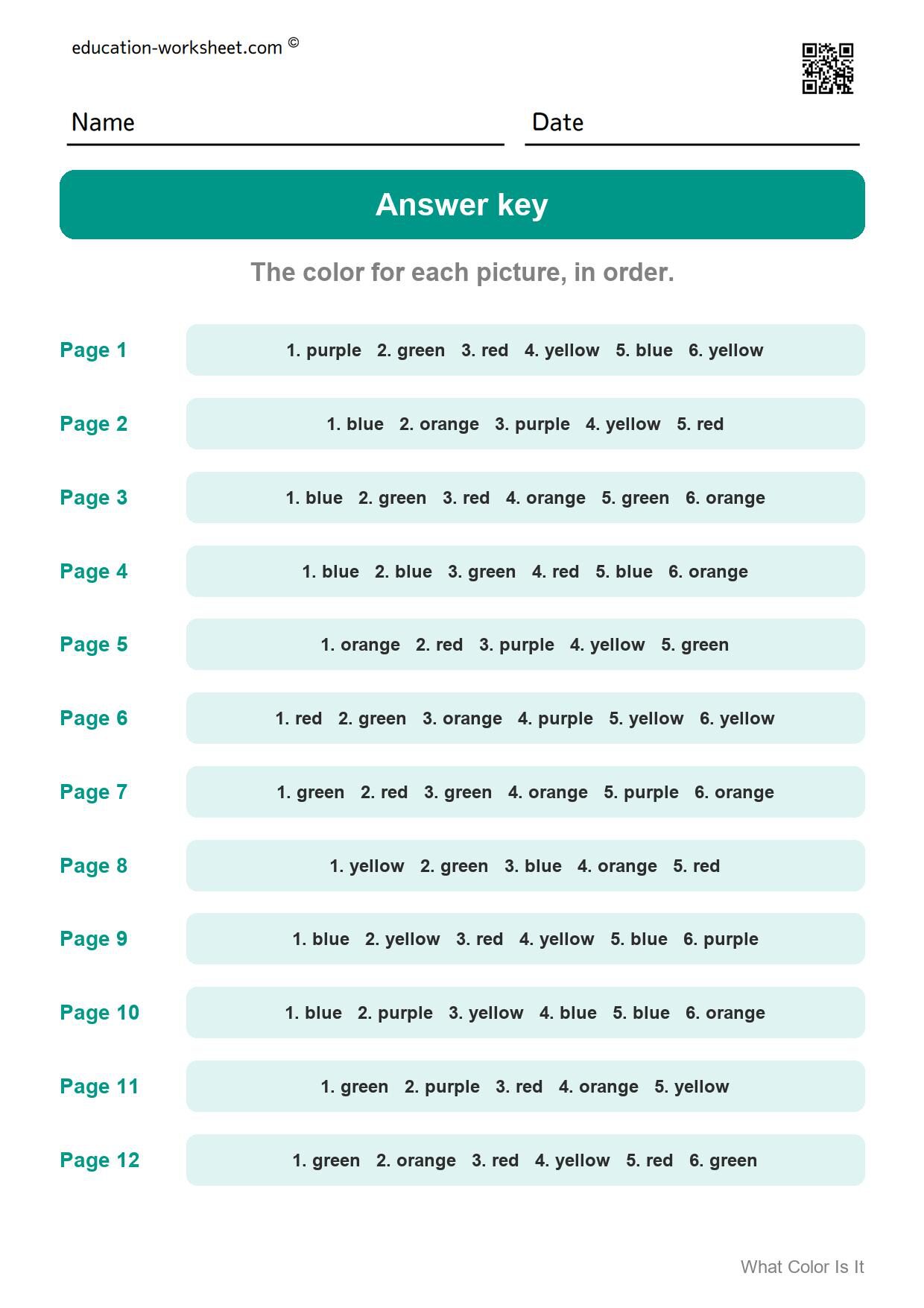 Answer key - all 12 pages - Free What Color Is It Worksheets for Kindergarten - Color Words