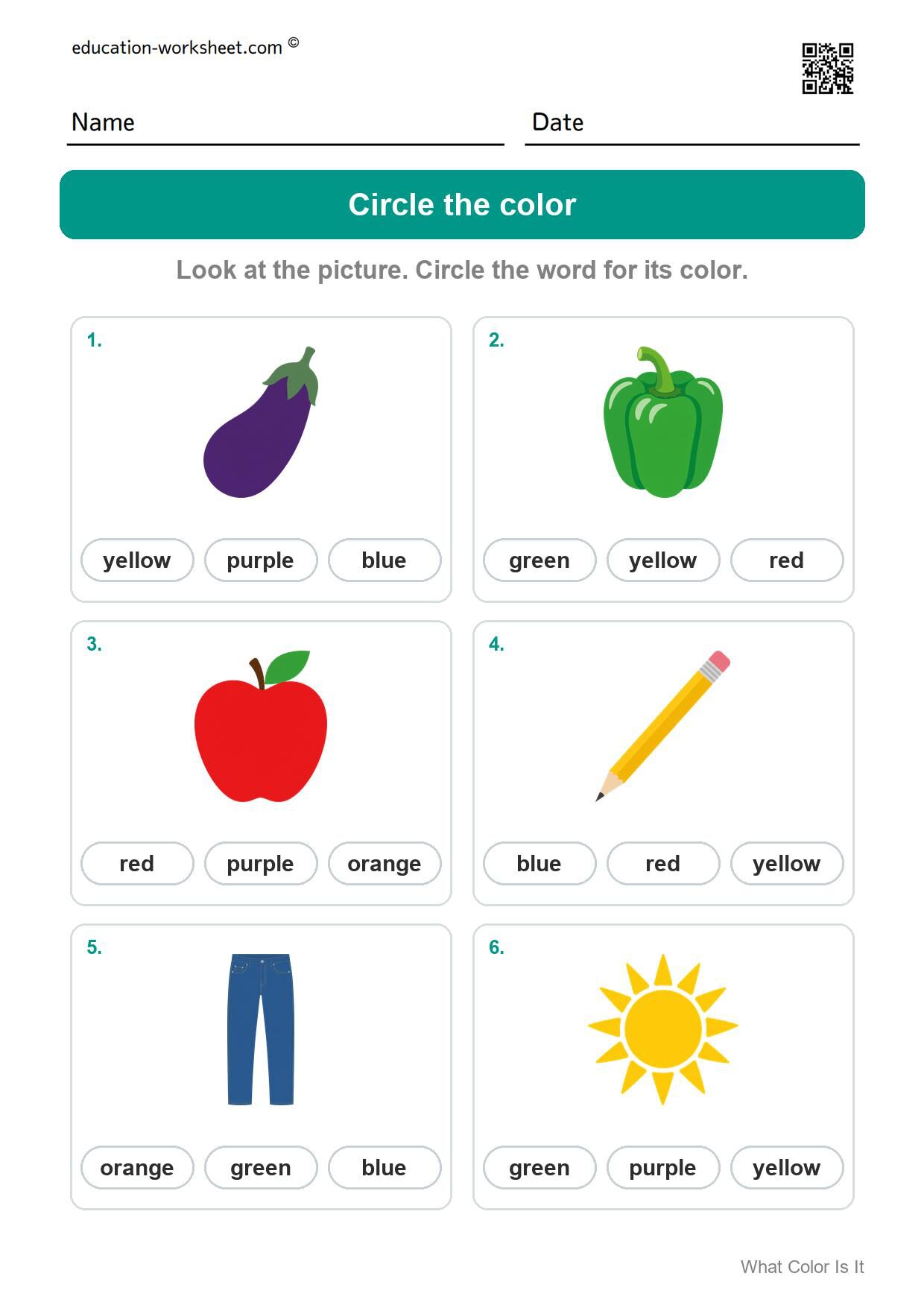 Circle the color (Set 1) - Free What Color Is It Worksheets for Kindergarten - Color Words