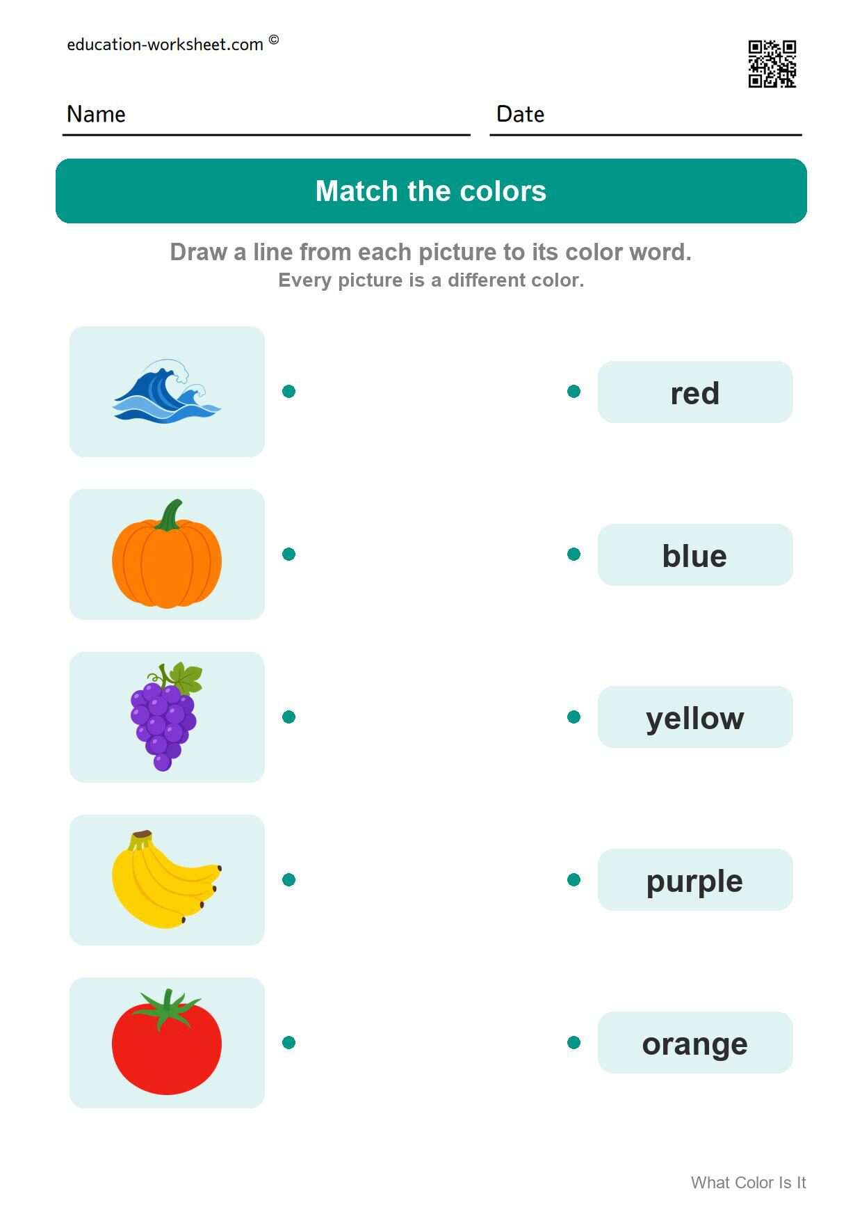Match the colors (Set 2) - Free What Color Is It Worksheets for Kindergarten - Color Words