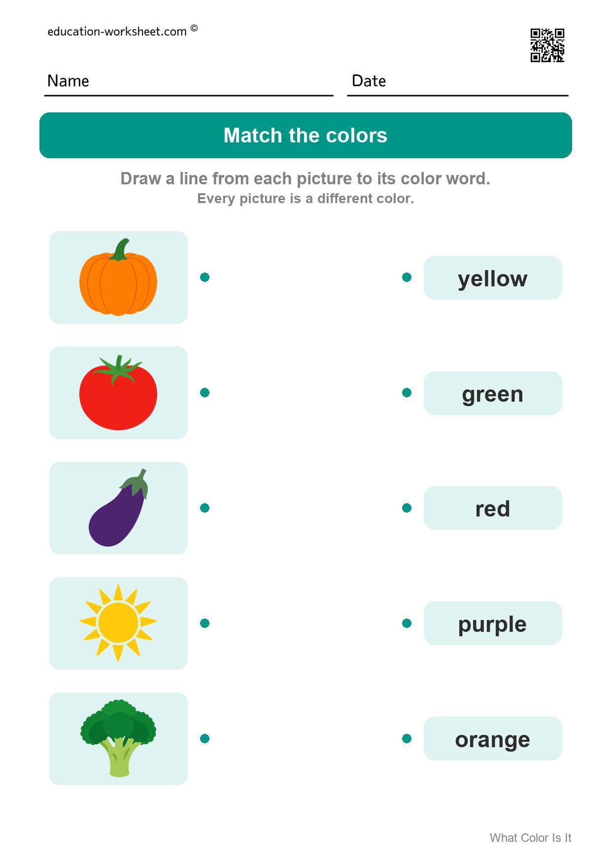 Match the colors (Set 5) - Free What Color Is It Worksheets for Kindergarten - Color Words