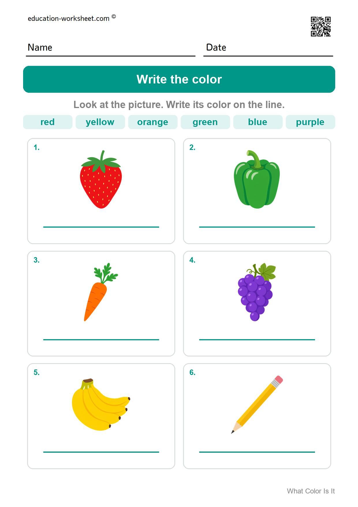 Write the color (Set 6) - Free What Color Is It Worksheets for Kindergarten - Color Words