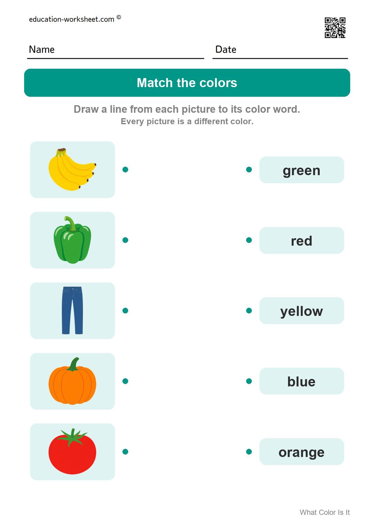 Match the colors (Set 8) - Free What Color Is It Worksheets for Kindergarten - Color Words