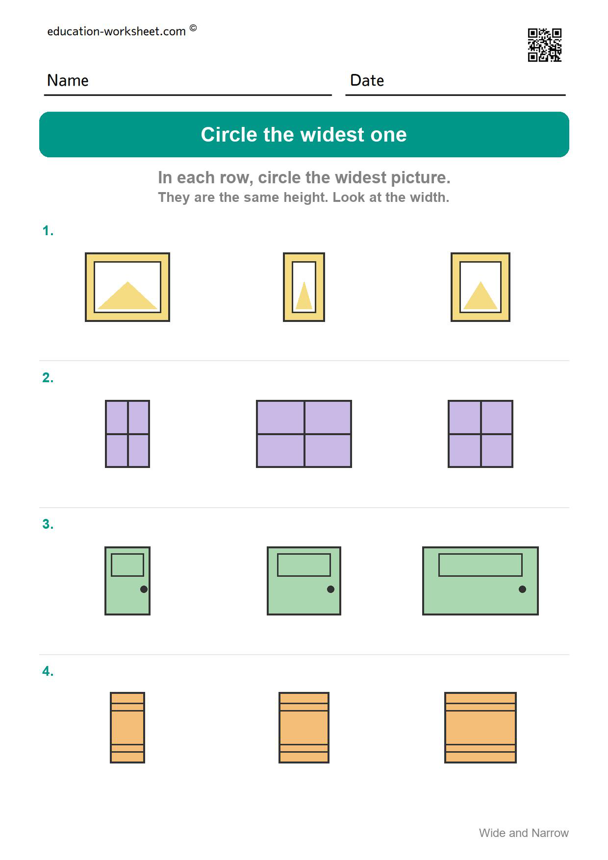 Circle the widest one (Set 9) - Free Wide and Narrow Worksheets for Kindergarten - Compare Width