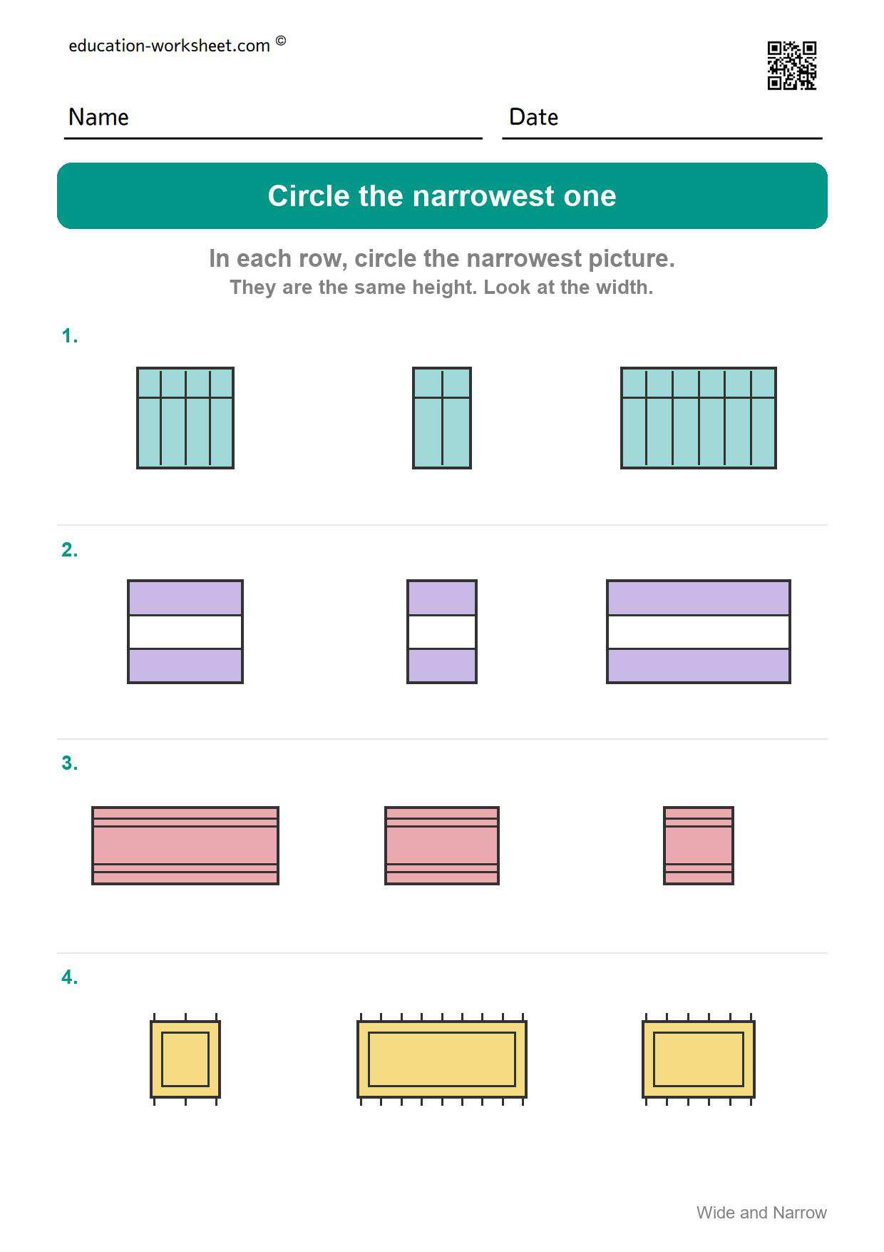 Circle the narrowest one (Set 10) - Free Wide and Narrow Worksheets for Kindergarten - Compare Width