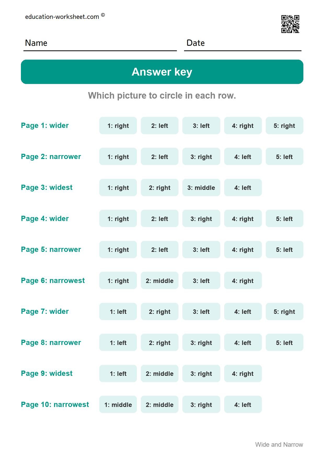 Answer key - all 10 pages - Free Wide and Narrow Worksheets for Kindergarten - Compare Width