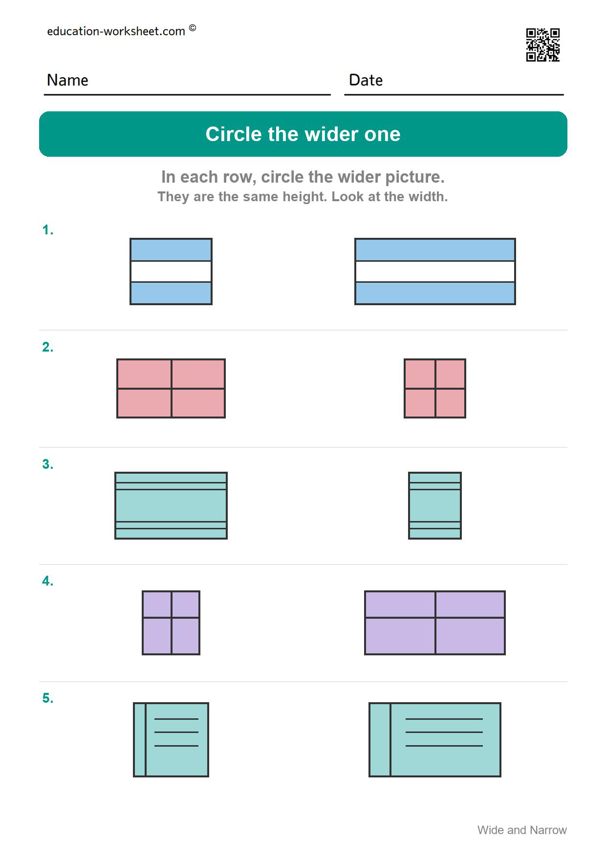 Circle the wider one (Set 1) - Free Wide and Narrow Worksheets for Kindergarten - Compare Width