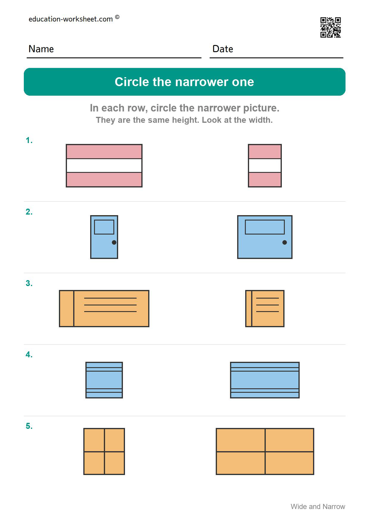 Circle the narrower one (Set 2) - Free Wide and Narrow Worksheets for Kindergarten - Compare Width