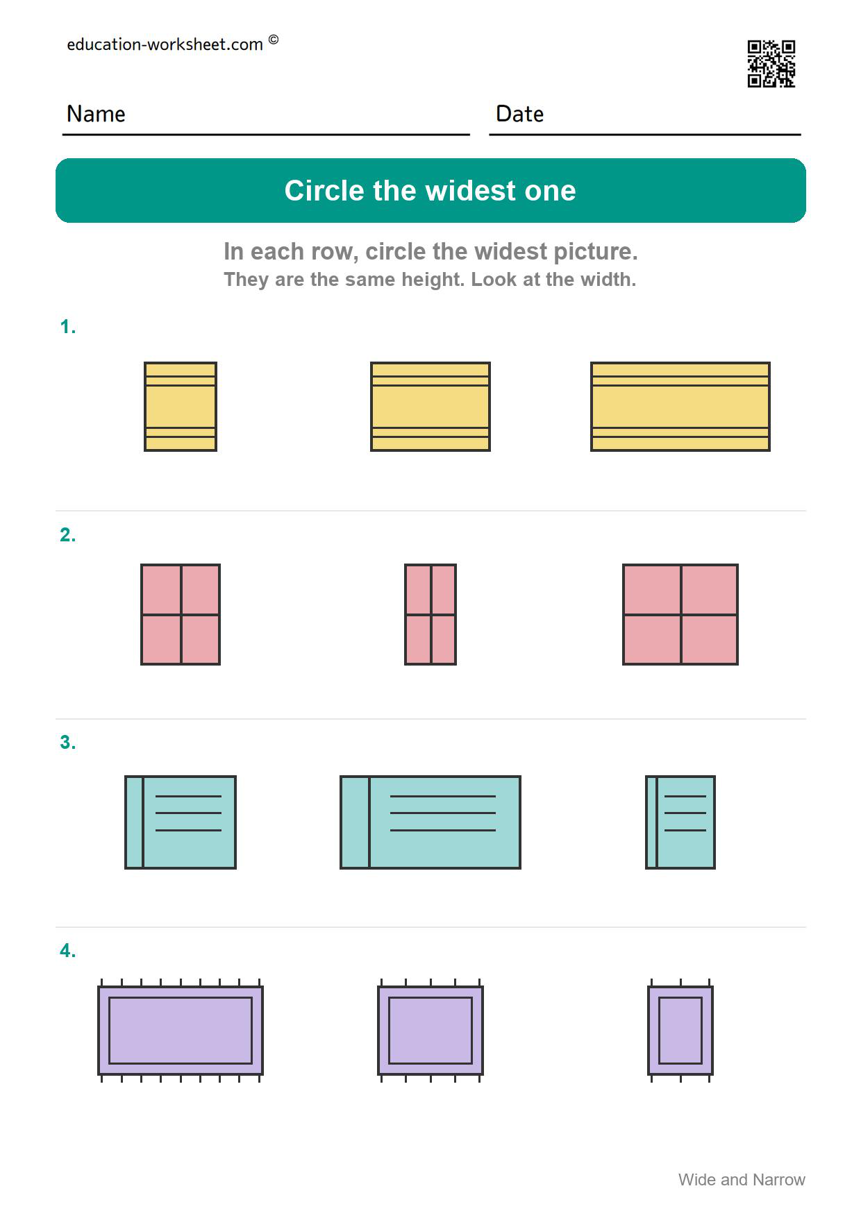 Circle the widest one (Set 3) - Free Wide and Narrow Worksheets for Kindergarten - Compare Width