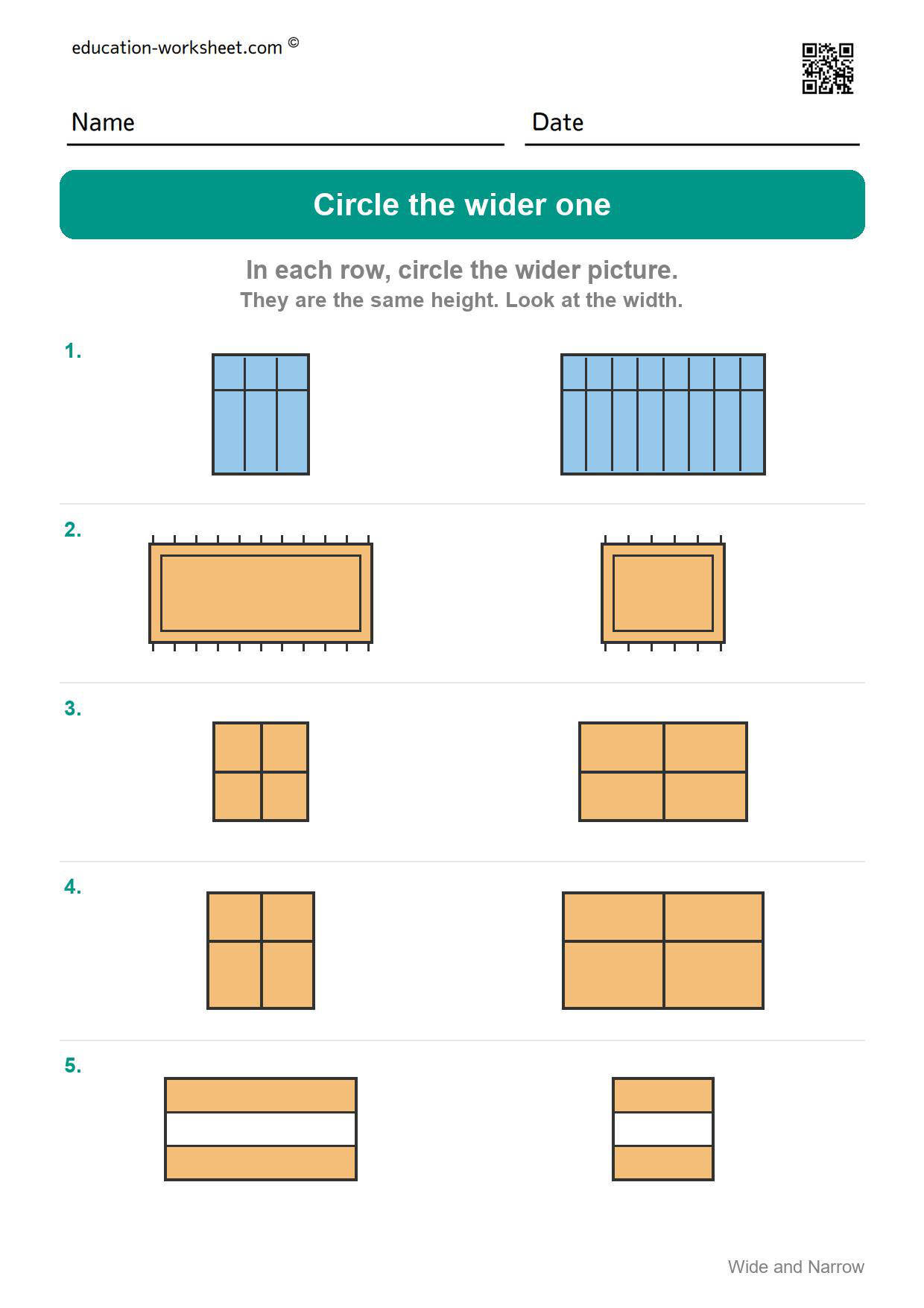 Circle the wider one (Set 4) - Free Wide and Narrow Worksheets for Kindergarten - Compare Width