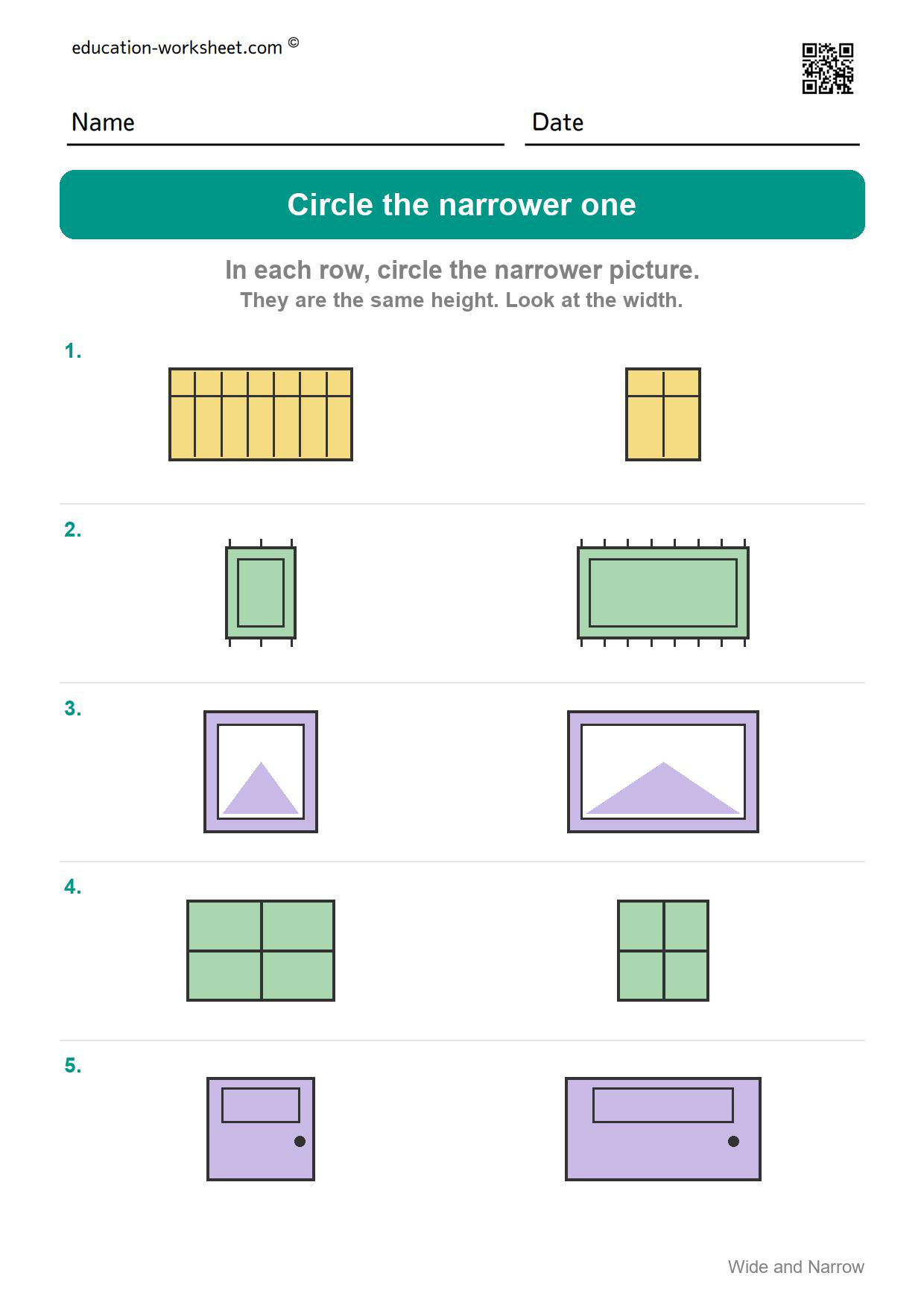 Circle the narrower one (Set 5) - Free Wide and Narrow Worksheets for Kindergarten - Compare Width