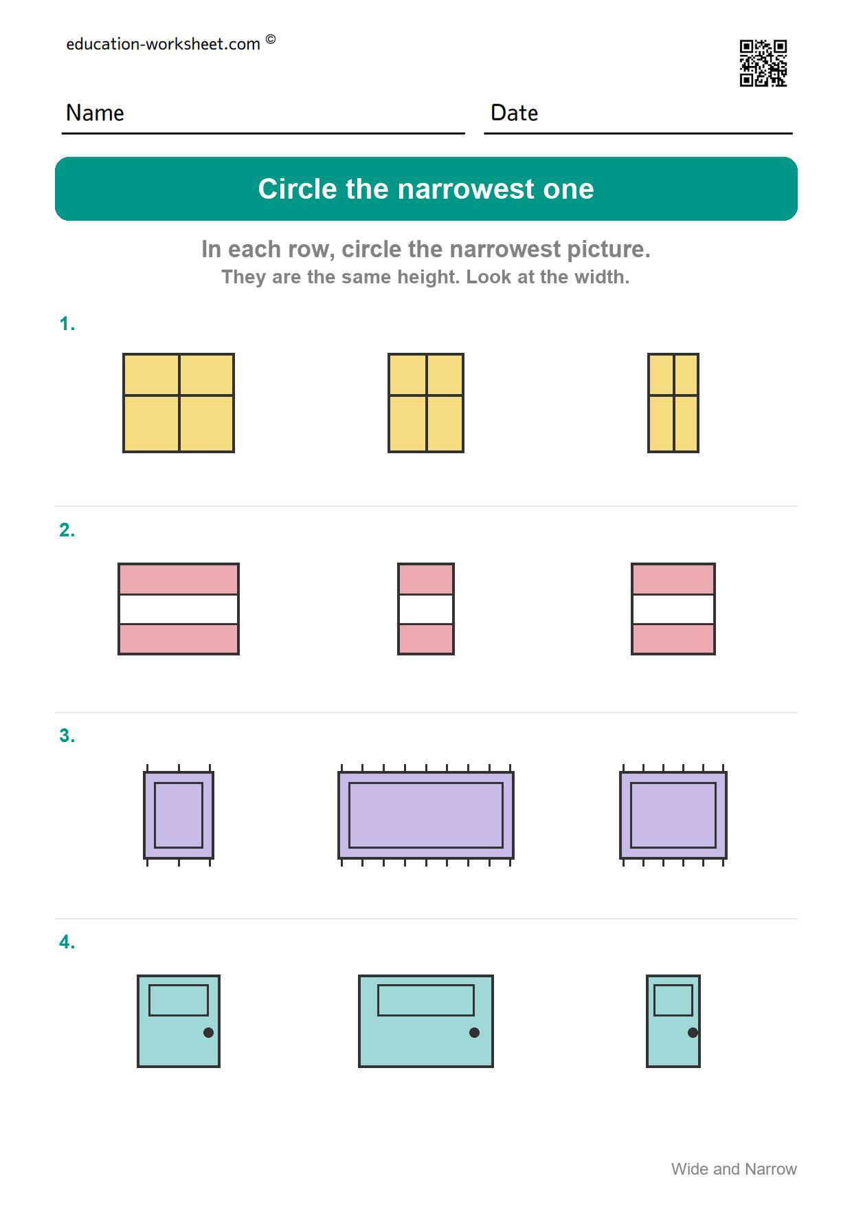 Circle the narrowest one (Set 6) - Free Wide and Narrow Worksheets for Kindergarten - Compare Width