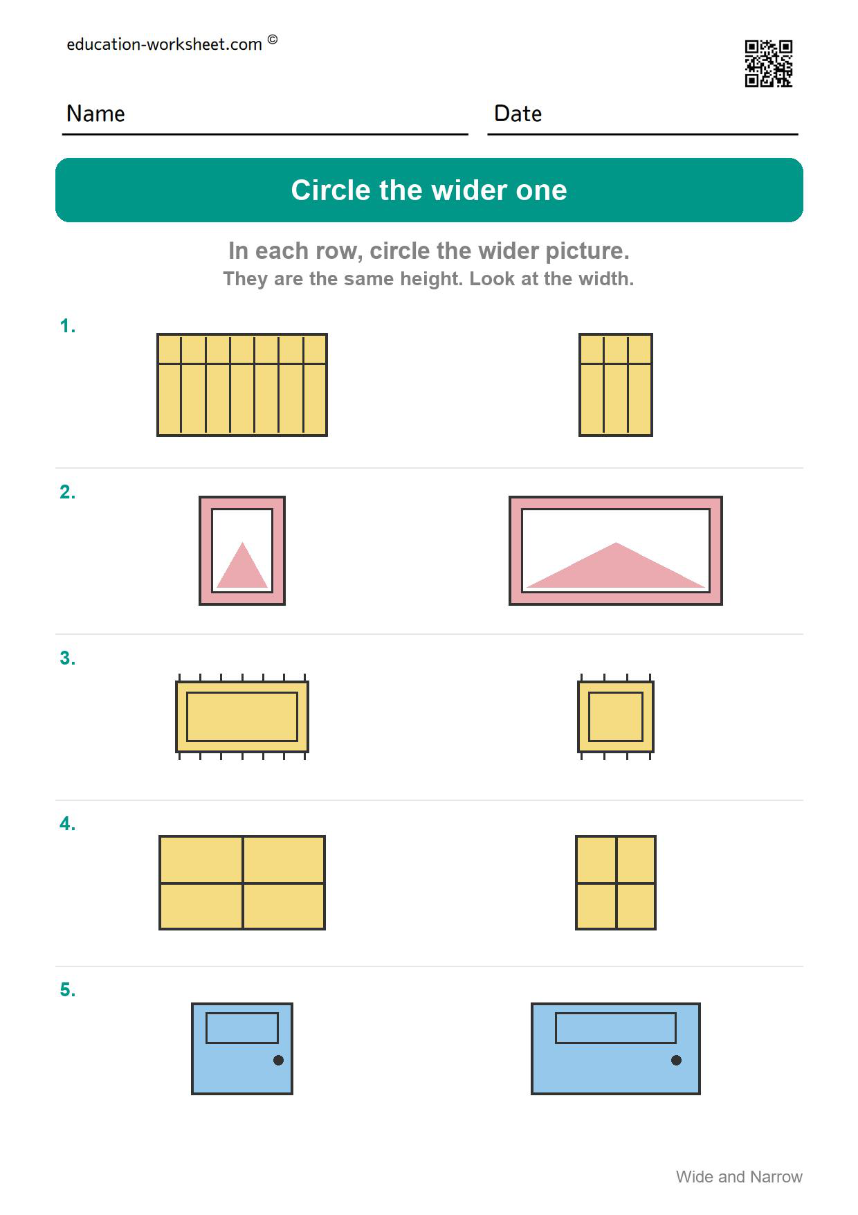 Circle the wider one (Set 7) - Free Wide and Narrow Worksheets for Kindergarten - Compare Width
