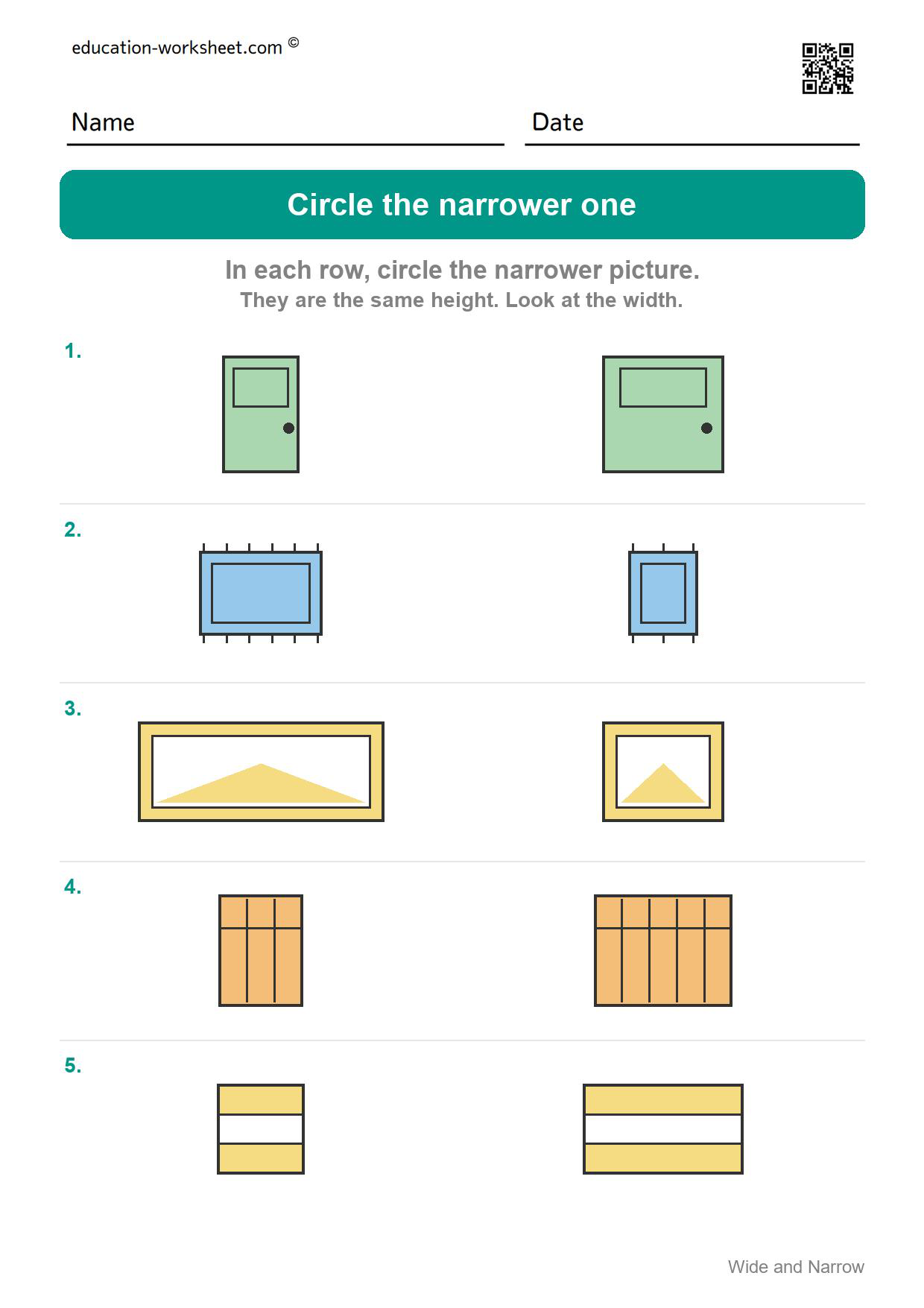 Circle the narrower one (Set 8) - Free Wide and Narrow Worksheets for Kindergarten - Compare Width