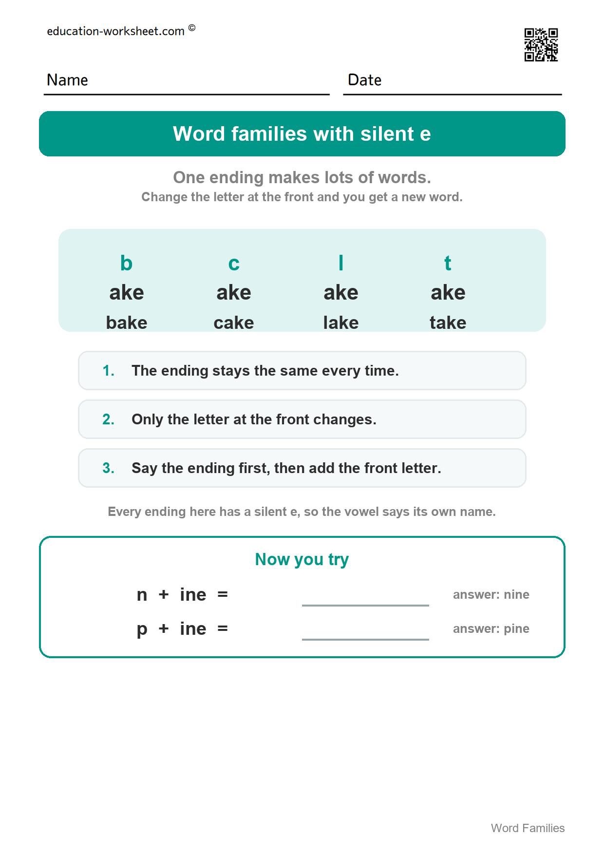 How word families work - Free Word Family Worksheets for Kindergarten - Silent e Families