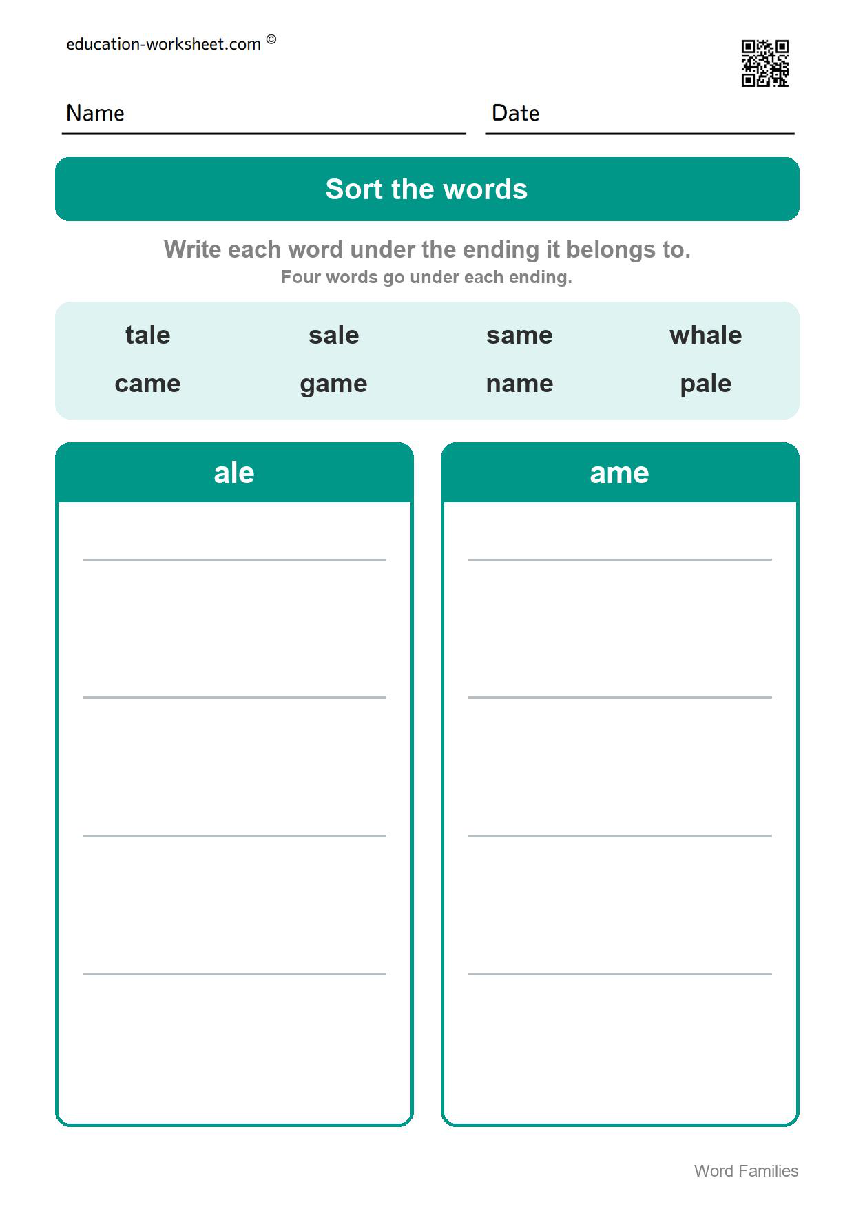 Sort the words: ale and ame (Set 10) - Free Word Family Worksheets for Kindergarten - Silent e Families
