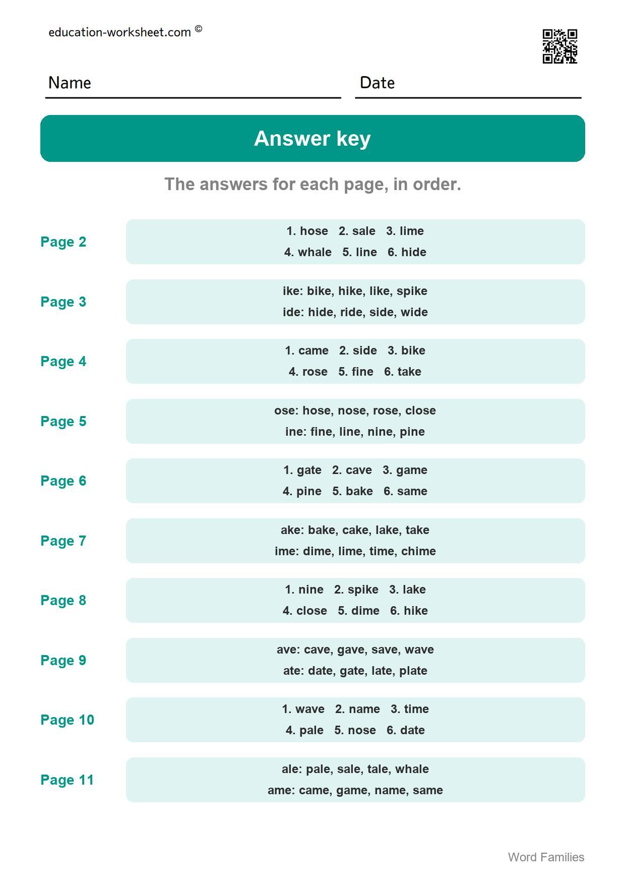 Answer key - all 10 pages - Free Word Family Worksheets for Kindergarten - Silent e Families