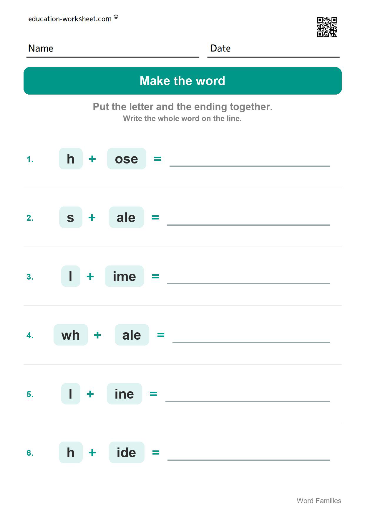 Make the word (Set 1) - Free Word Family Worksheets for Kindergarten - Silent e Families