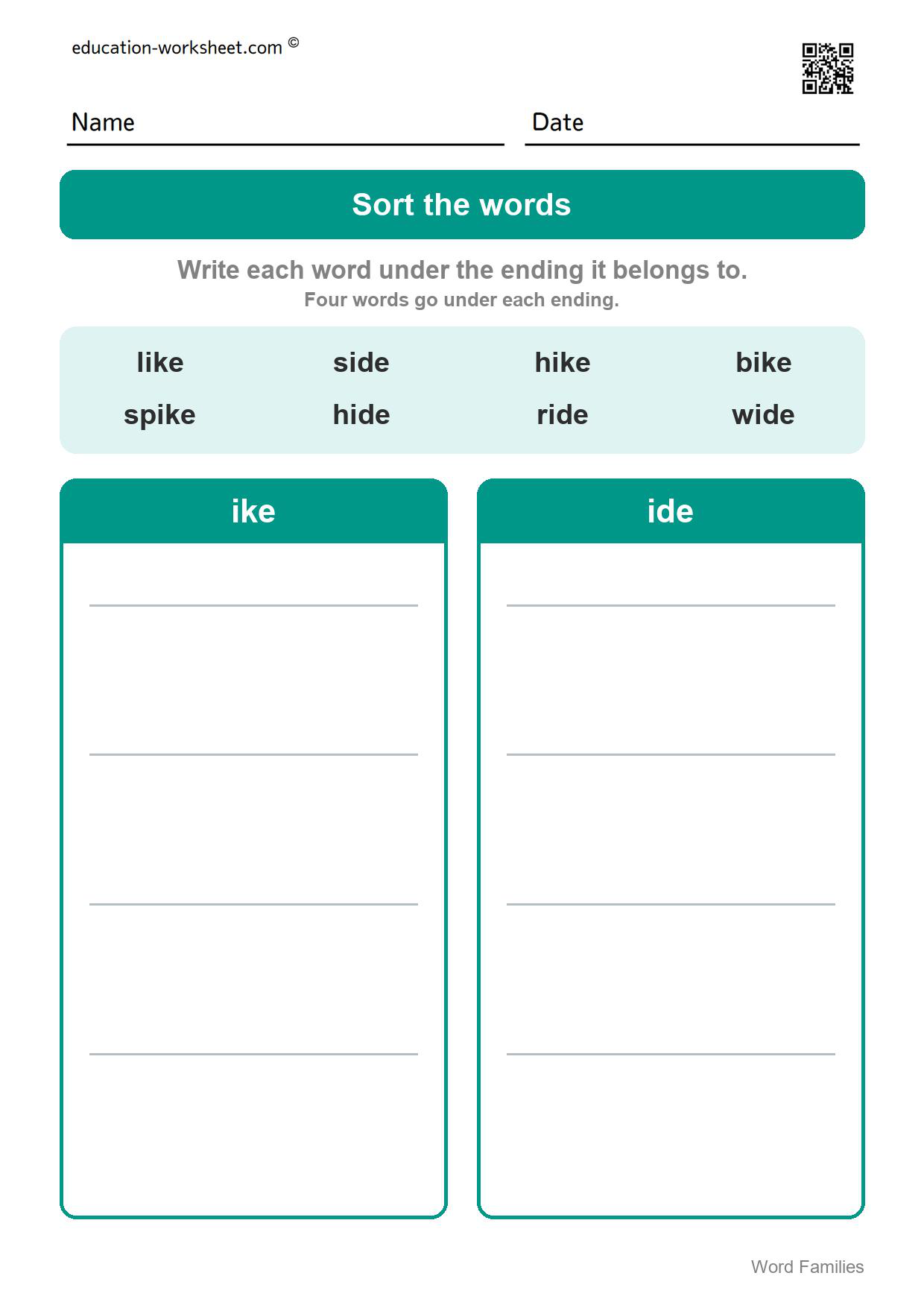 Sort the words: ike and ide (Set 2) - Free Word Family Worksheets for Kindergarten - Silent e Families