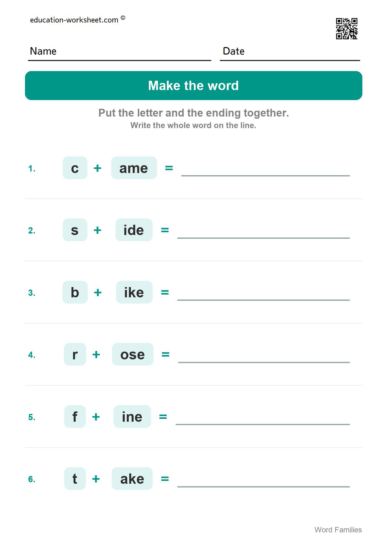 Make the word (Set 3) - Free Word Family Worksheets for Kindergarten - Silent e Families