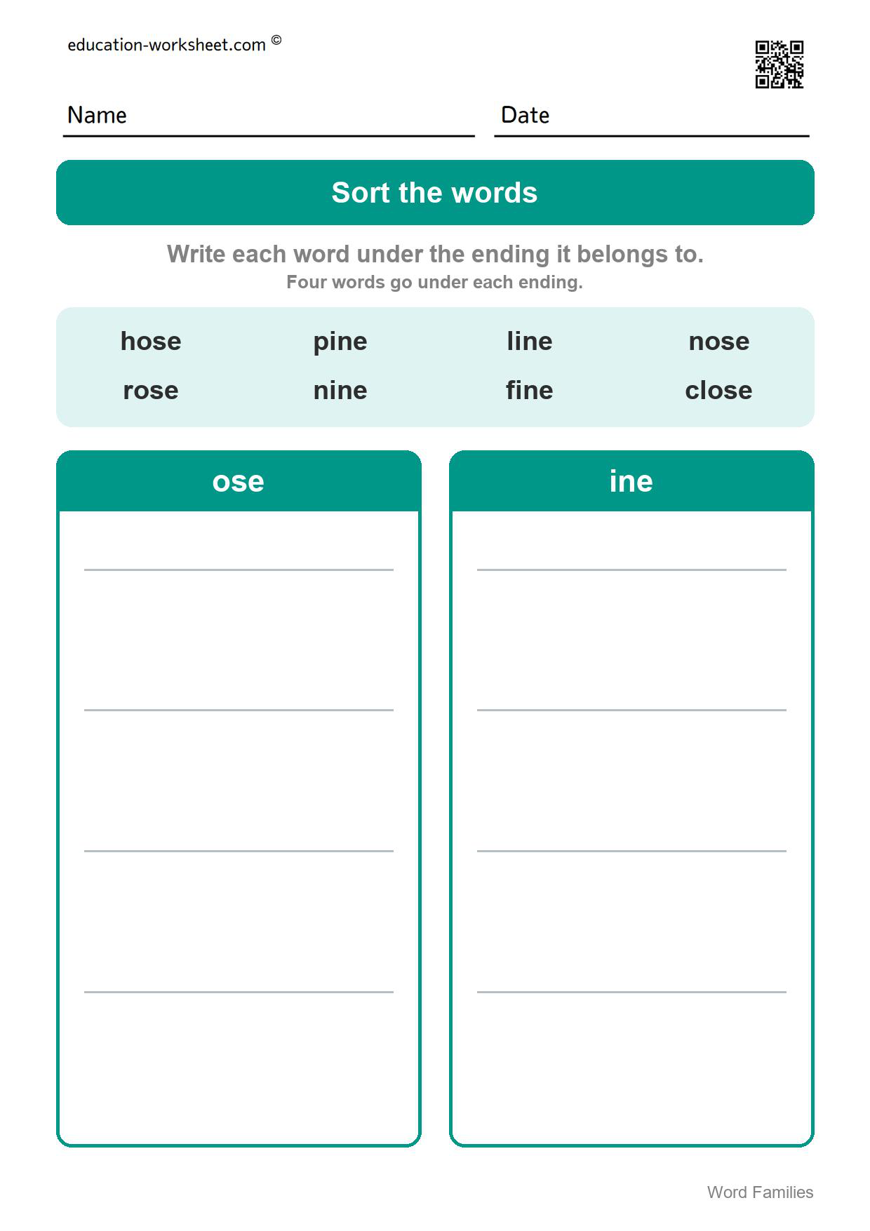 Sort the words: ose and ine (Set 4) - Free Word Family Worksheets for Kindergarten - Silent e Families