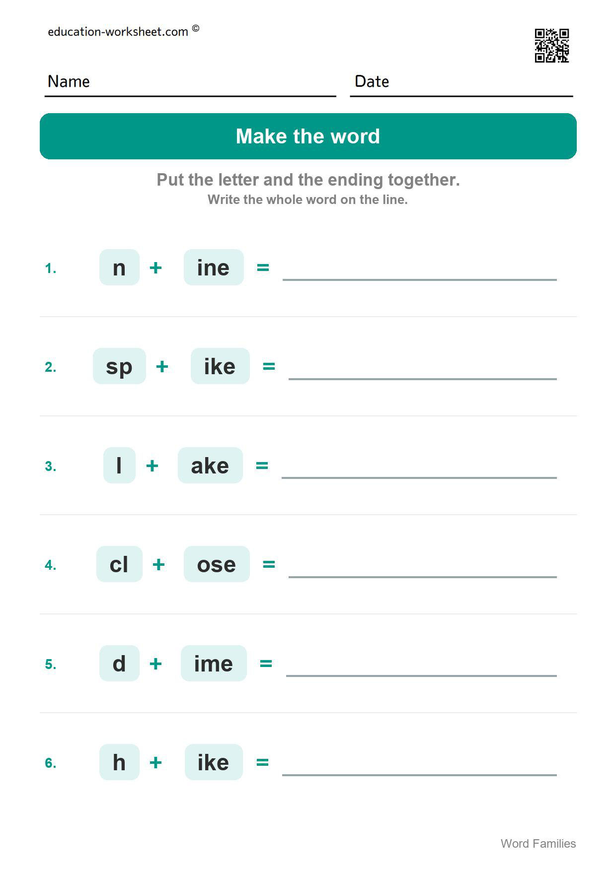 Make the word (Set 7) - Free Word Family Worksheets for Kindergarten - Silent e Families