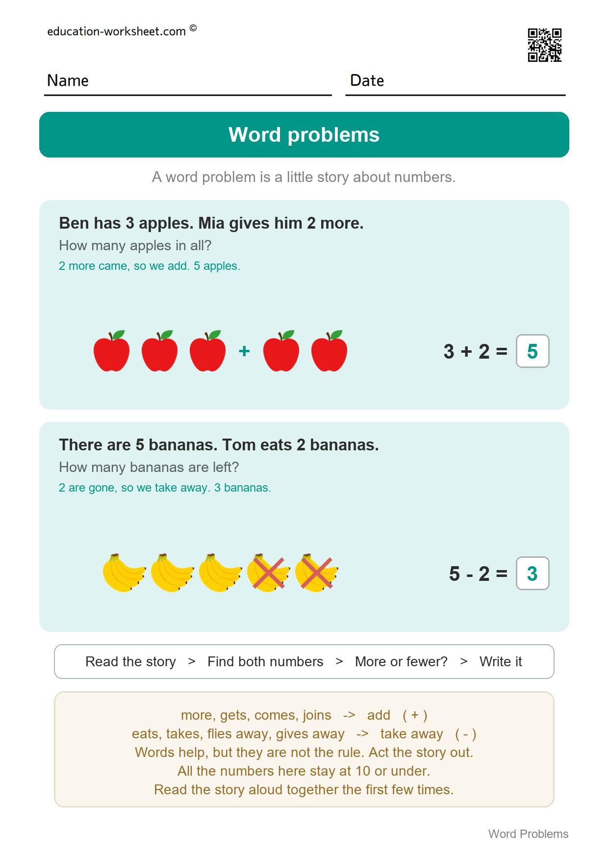 Word problems (start here) - Free Word Problems Worksheets for Kindergarten - Add, Subtract
