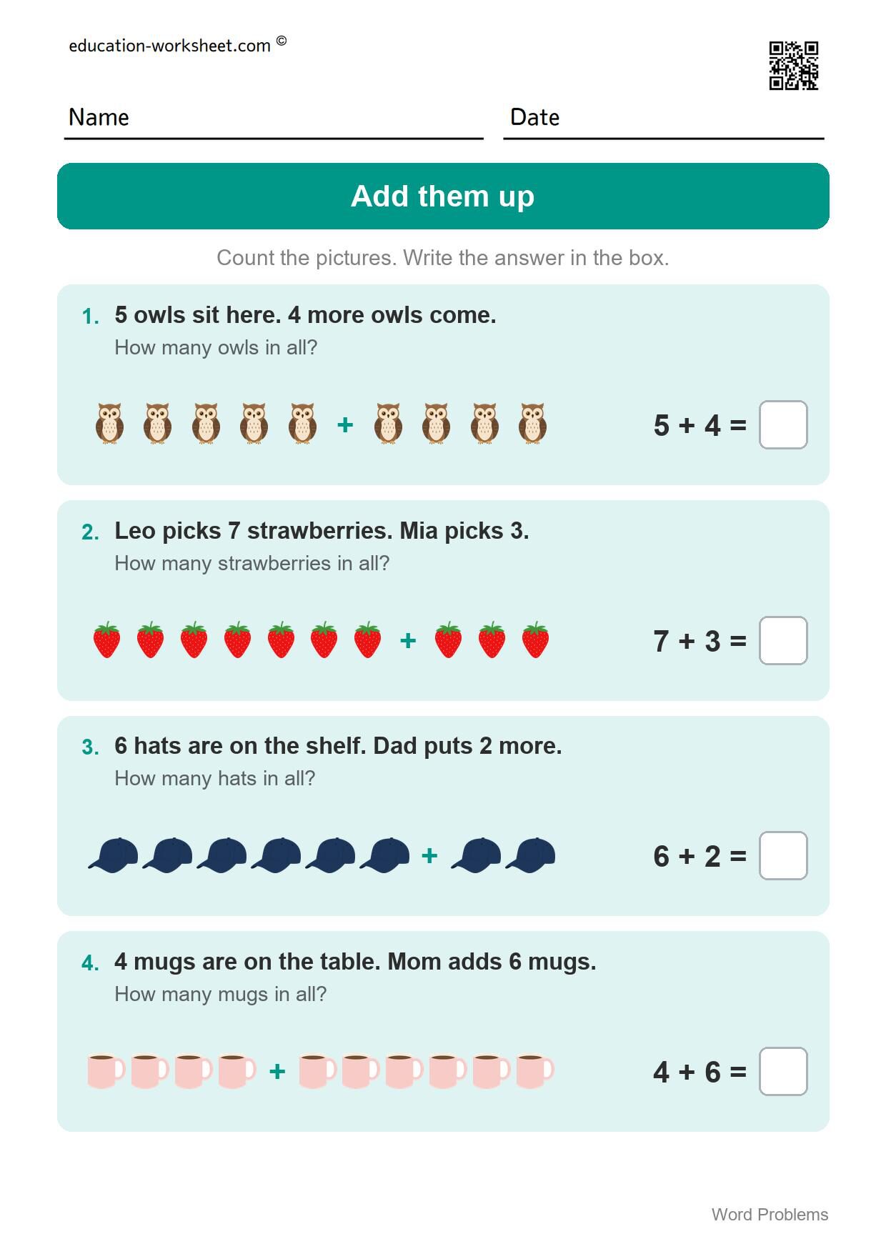Addition word problems (Set 9) - Free Word Problems Worksheets for Kindergarten - Add, Subtract